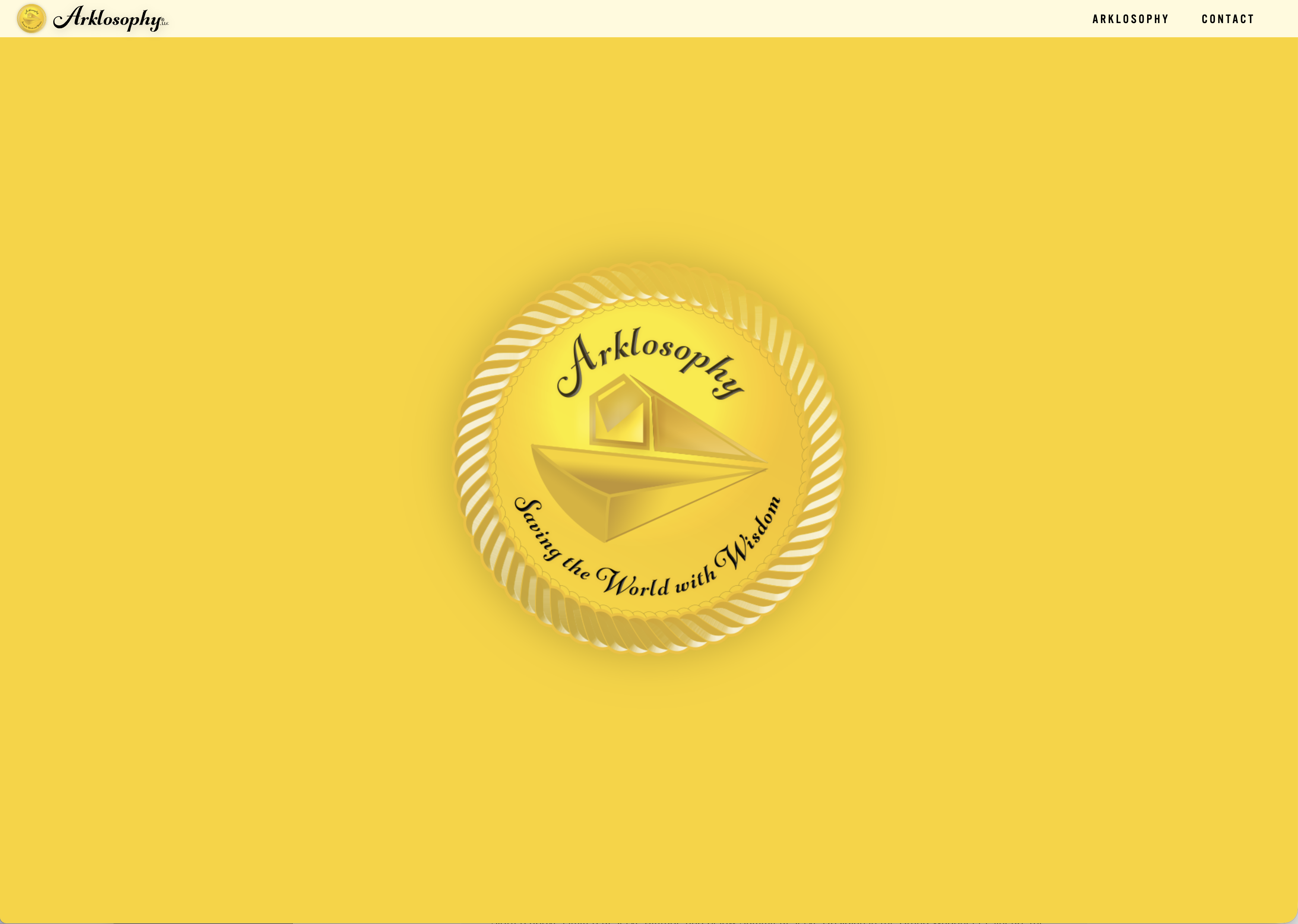 Arklosophy homepage with a central gold emblem and simple navigation