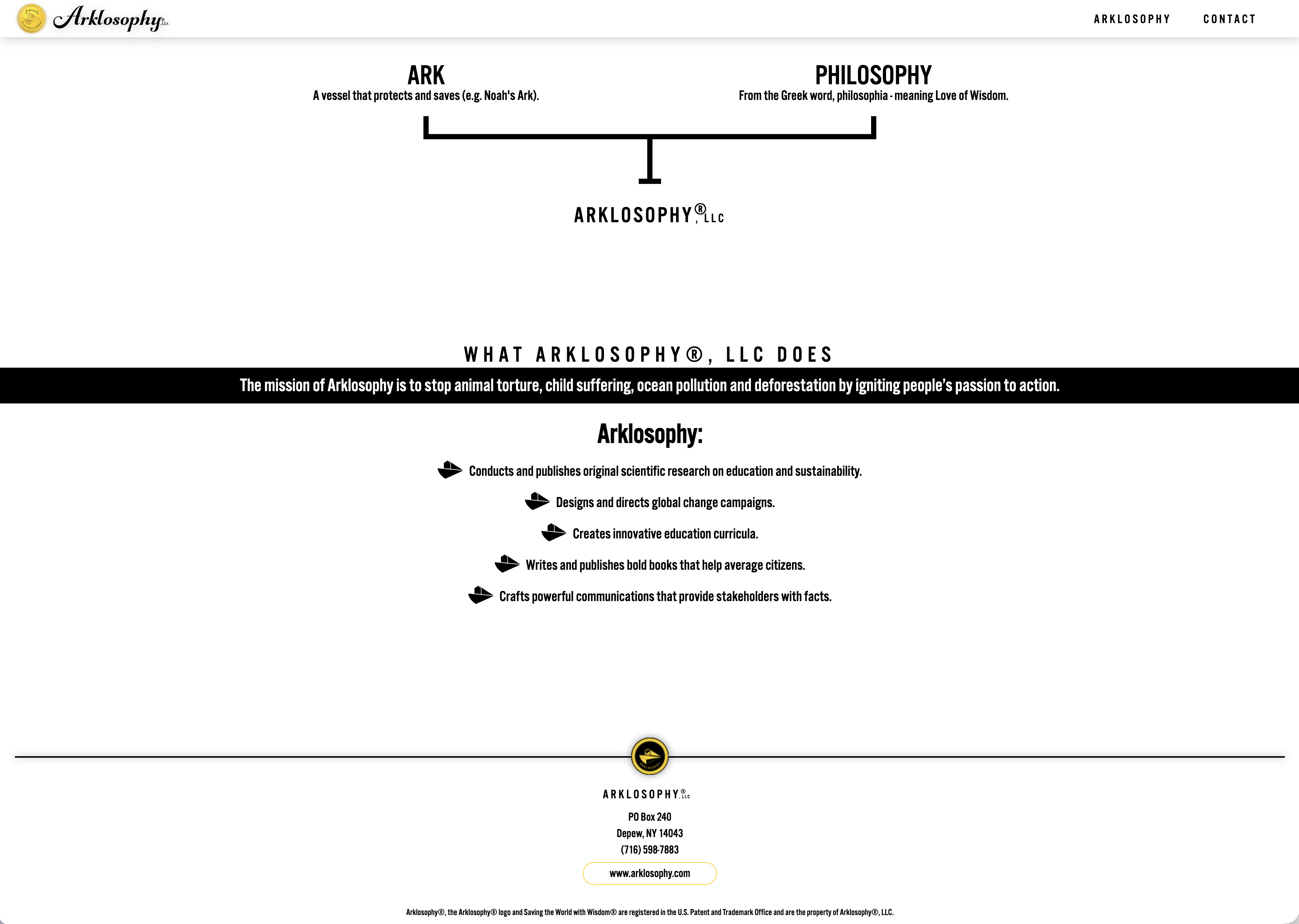Arklosophy page explaining its name, mission, research, education, campaigns, and contact details