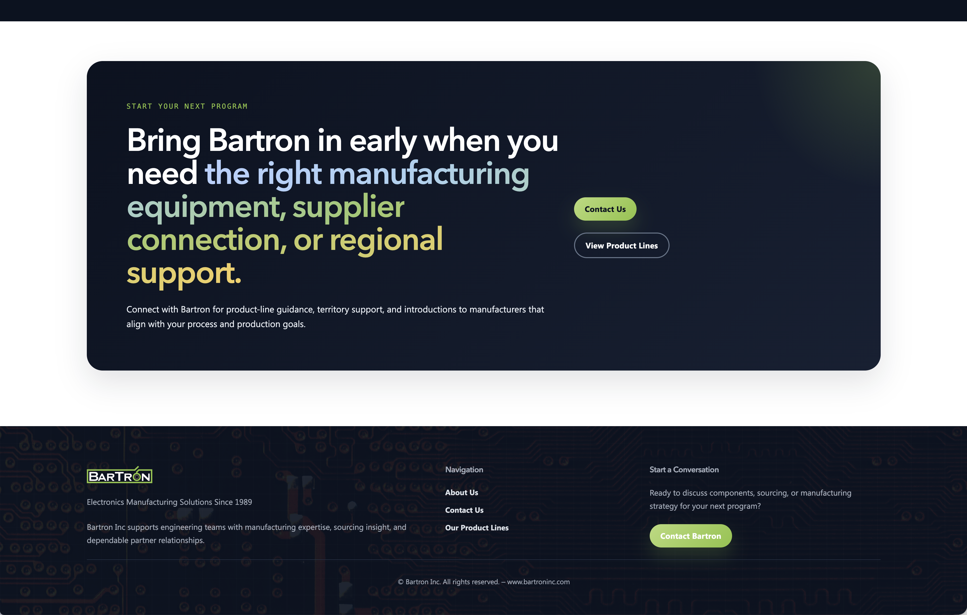 Bartron closing contact section and footer with product-line and company navigation
