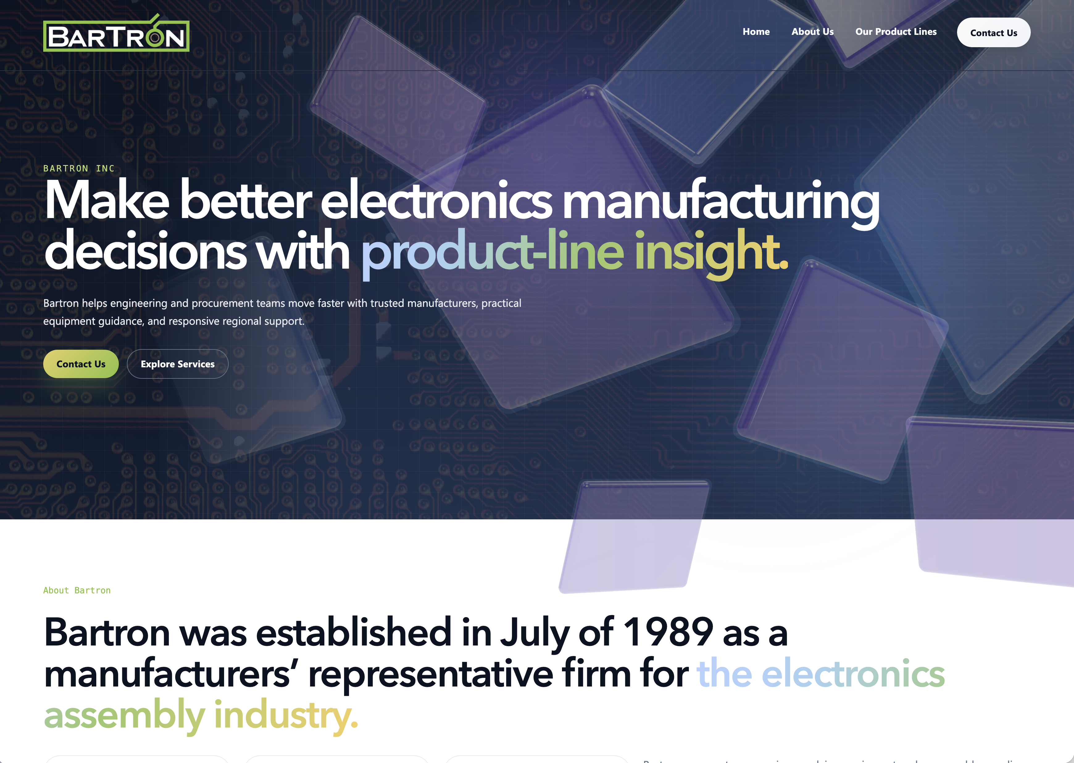 Bartron homepage with electronics imagery, product-line messaging, and contact links