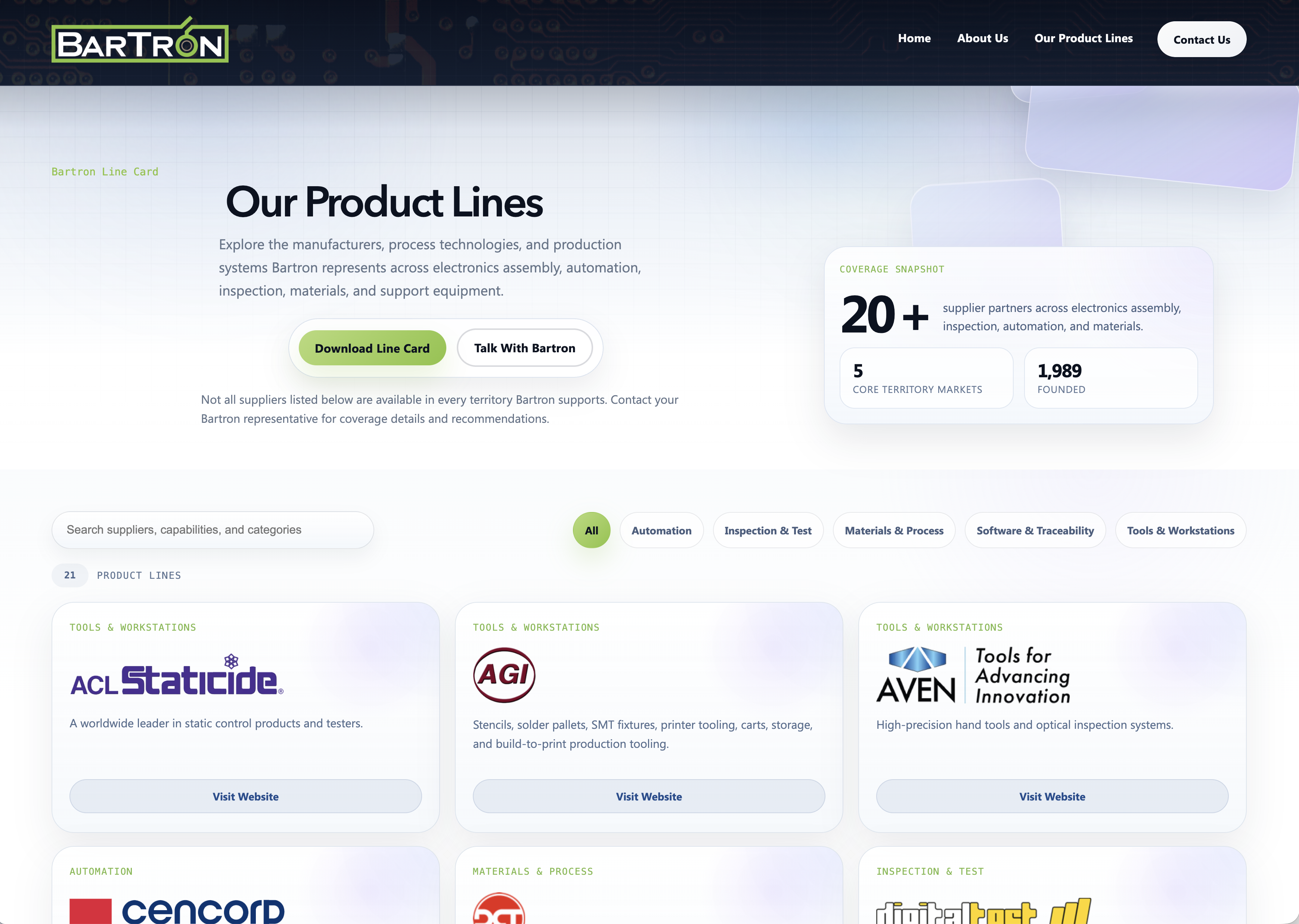 Bartron product-line directory with search, category filters, supplier cards, and a line-card download