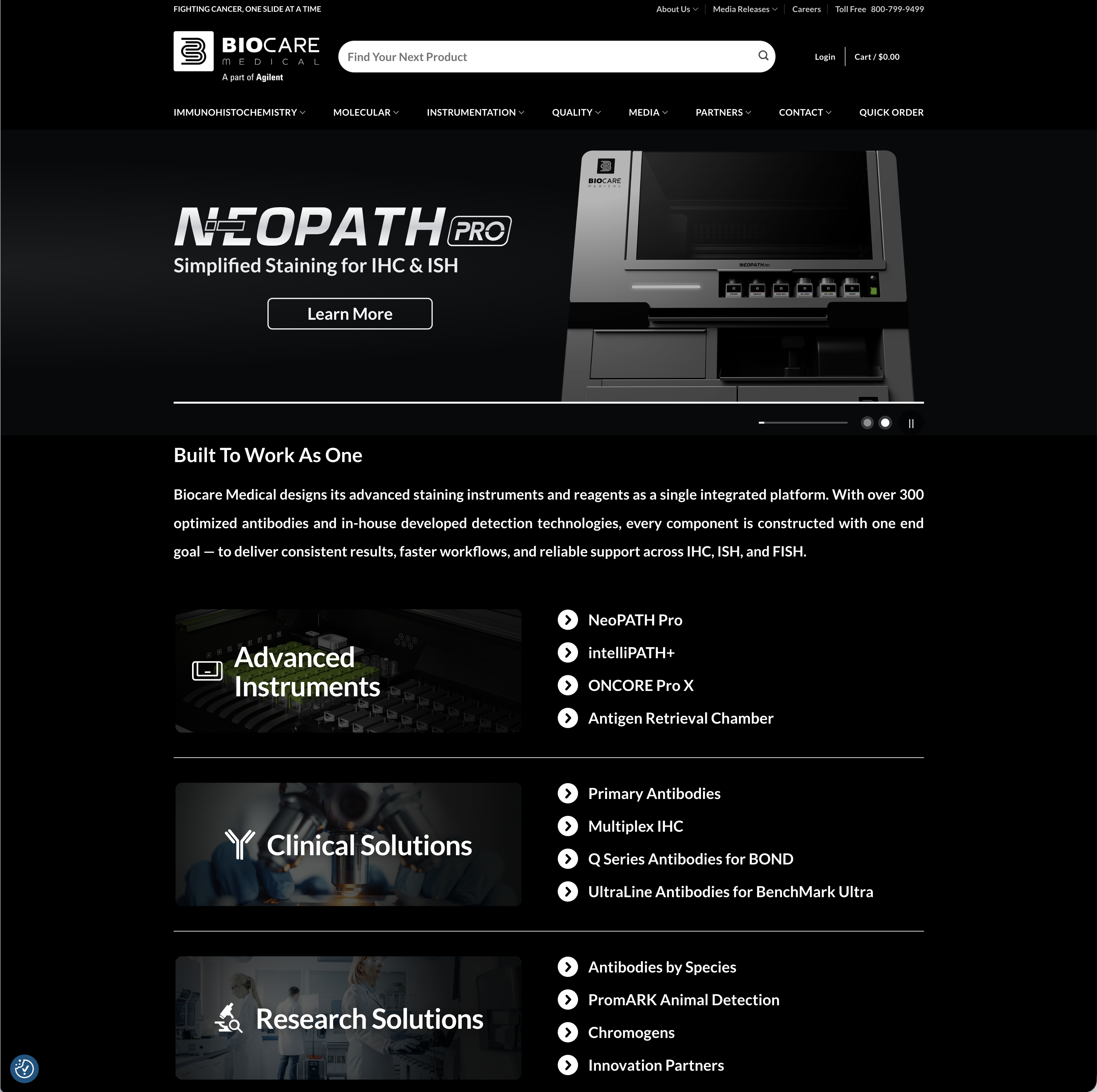 Biocare homepage with NeoPATH Pro hero and product-family navigation
