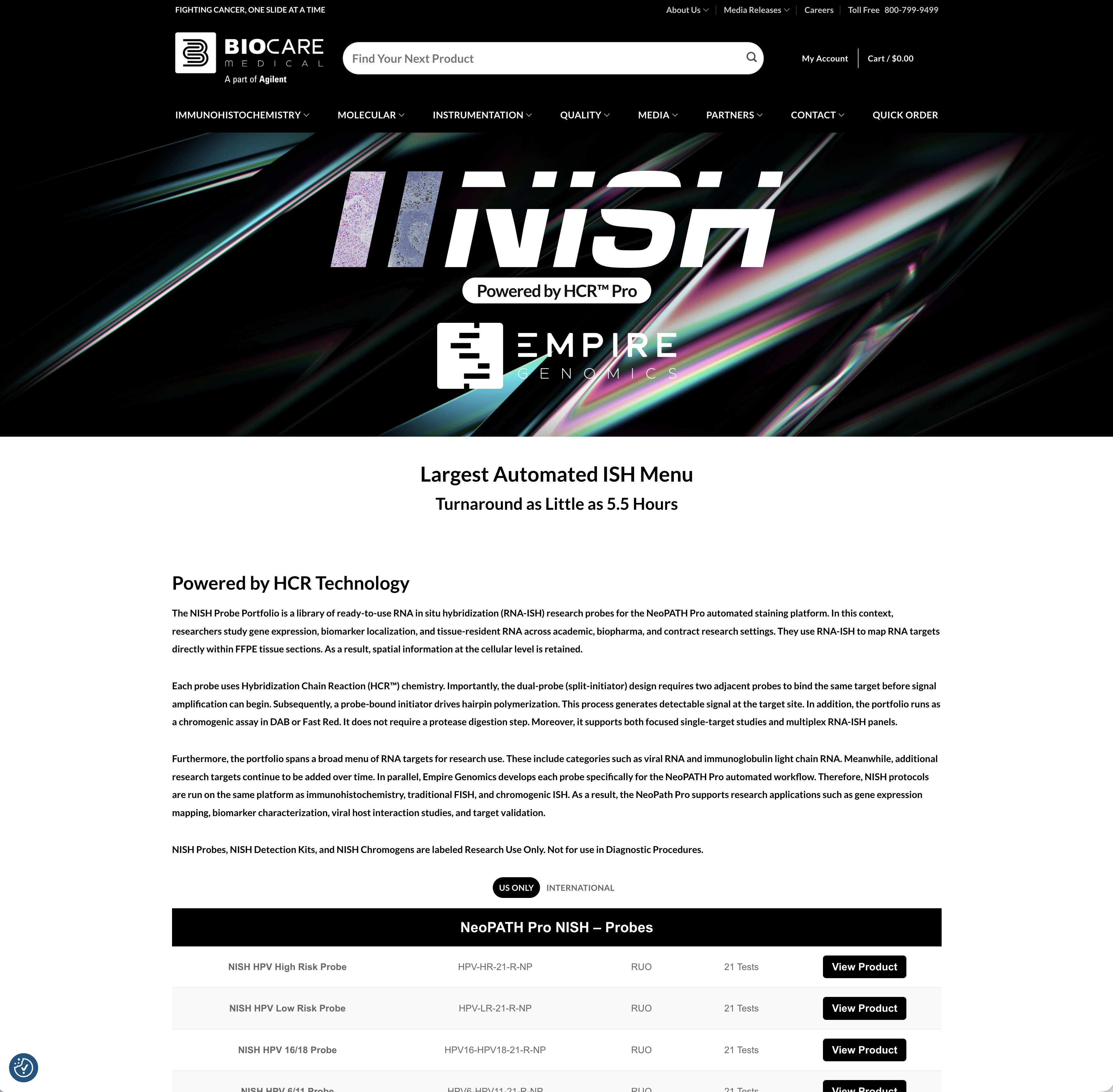 Biocare NISH page combining product-range imagery, explanatory content, and the beginning of a product table