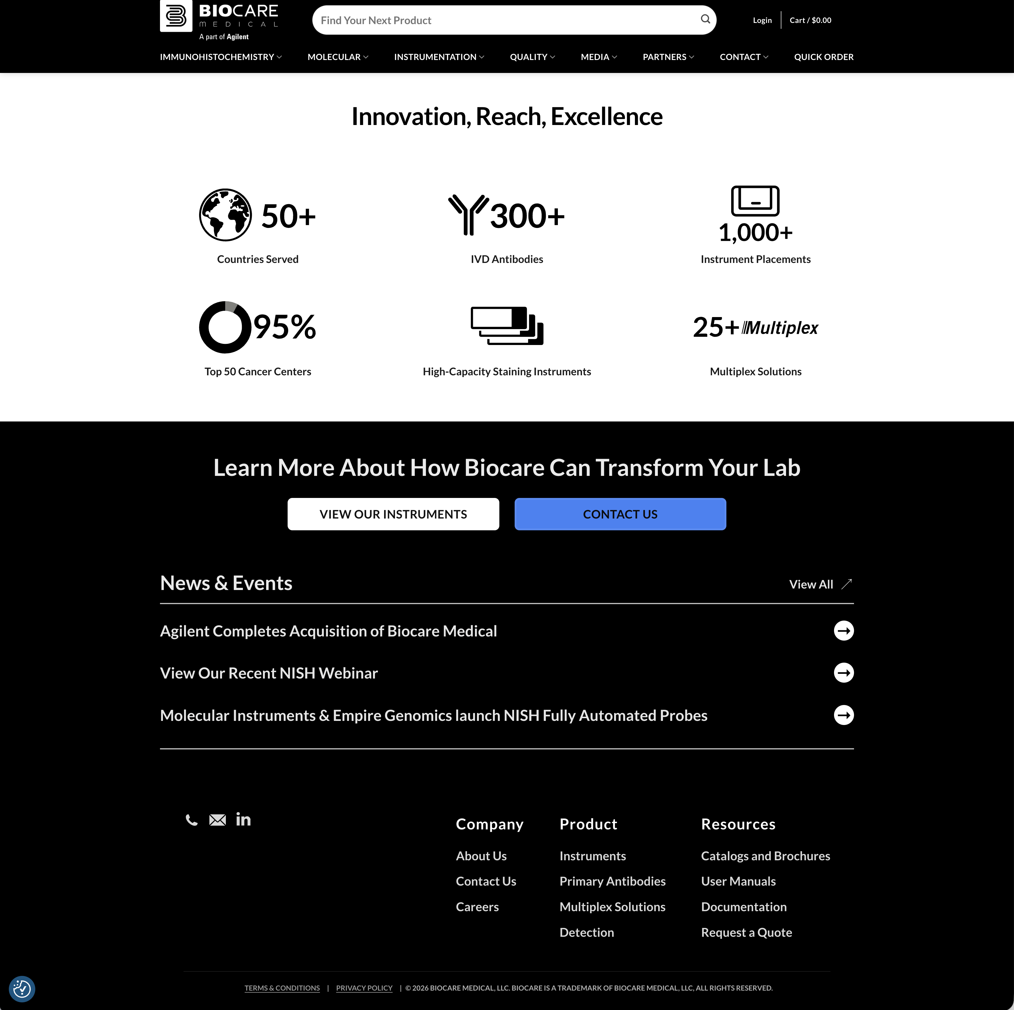 Biocare homepage sections for company information, news, resource links, and contact actions
