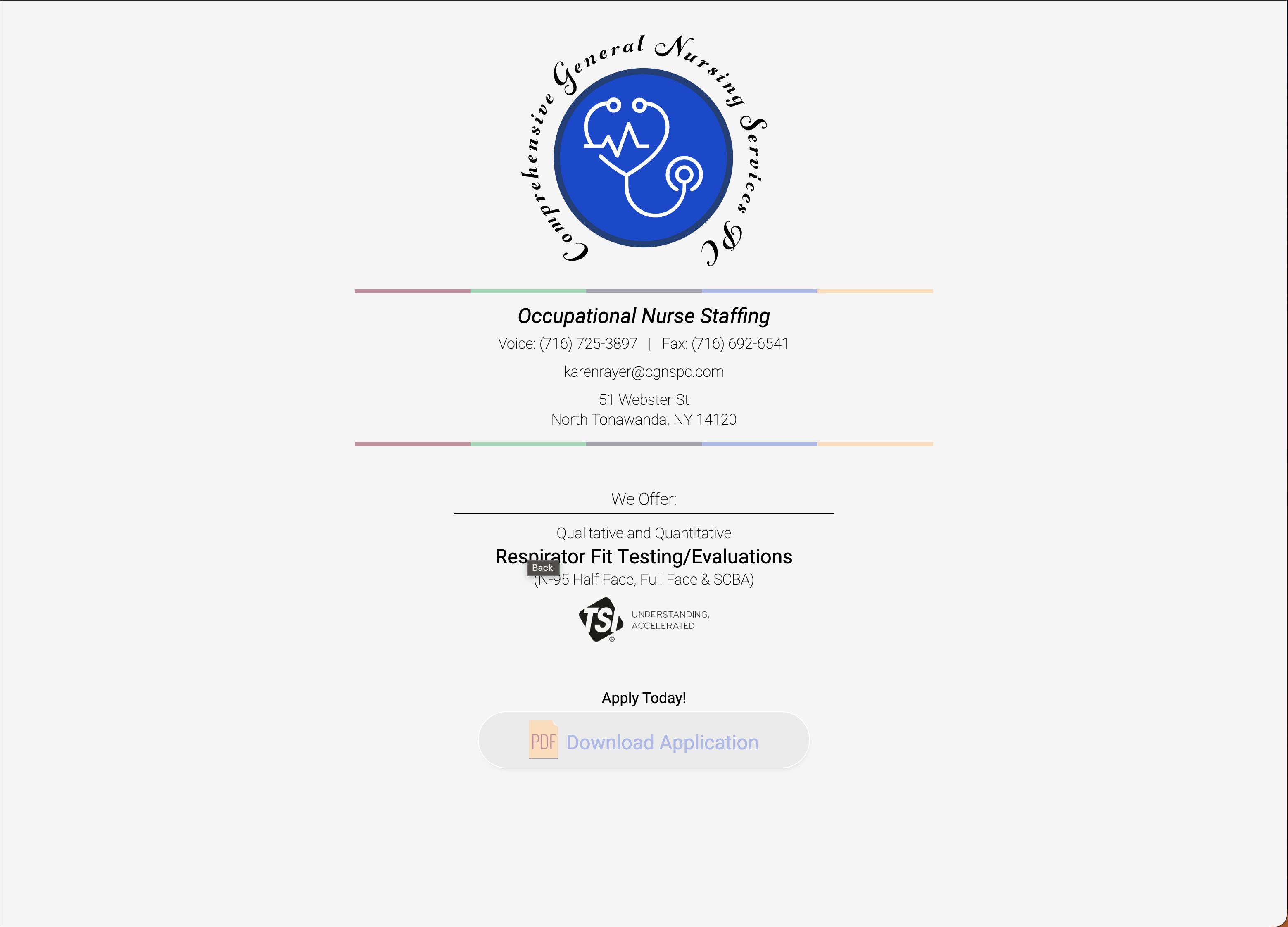 Comprehensive General Nursing Services website presenting staffing, contact details, respirator fit testing, and an application download