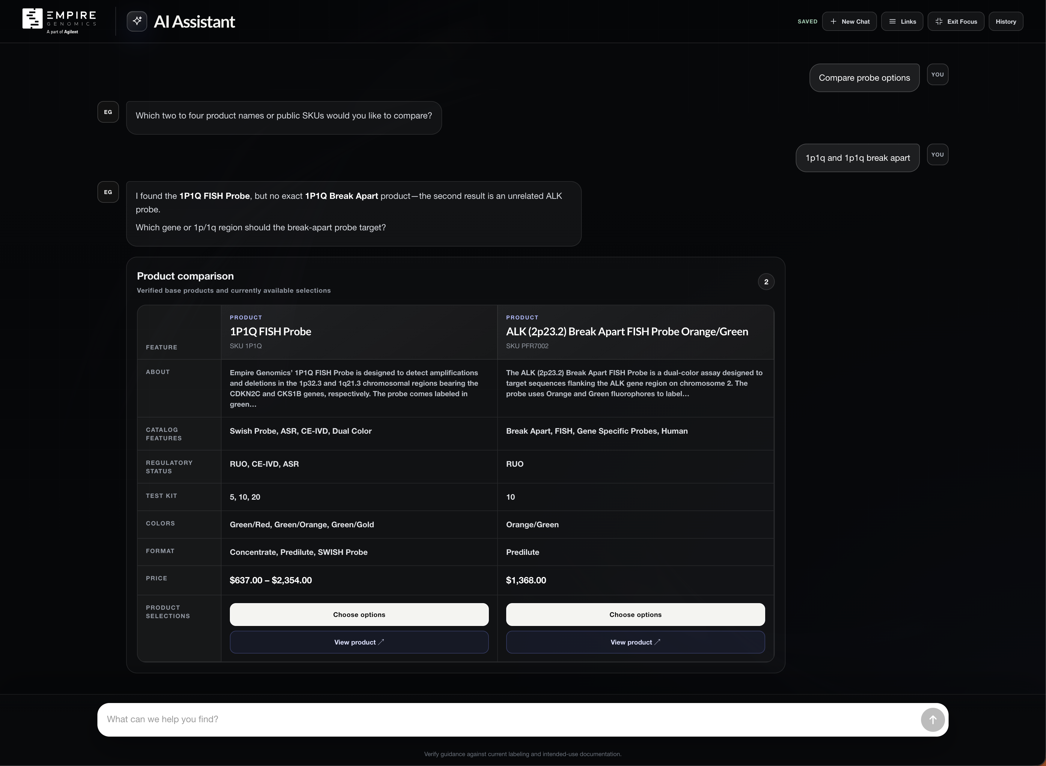 Empire Genomics AI assistant presenting product comparison information and clarifying a requested probe match