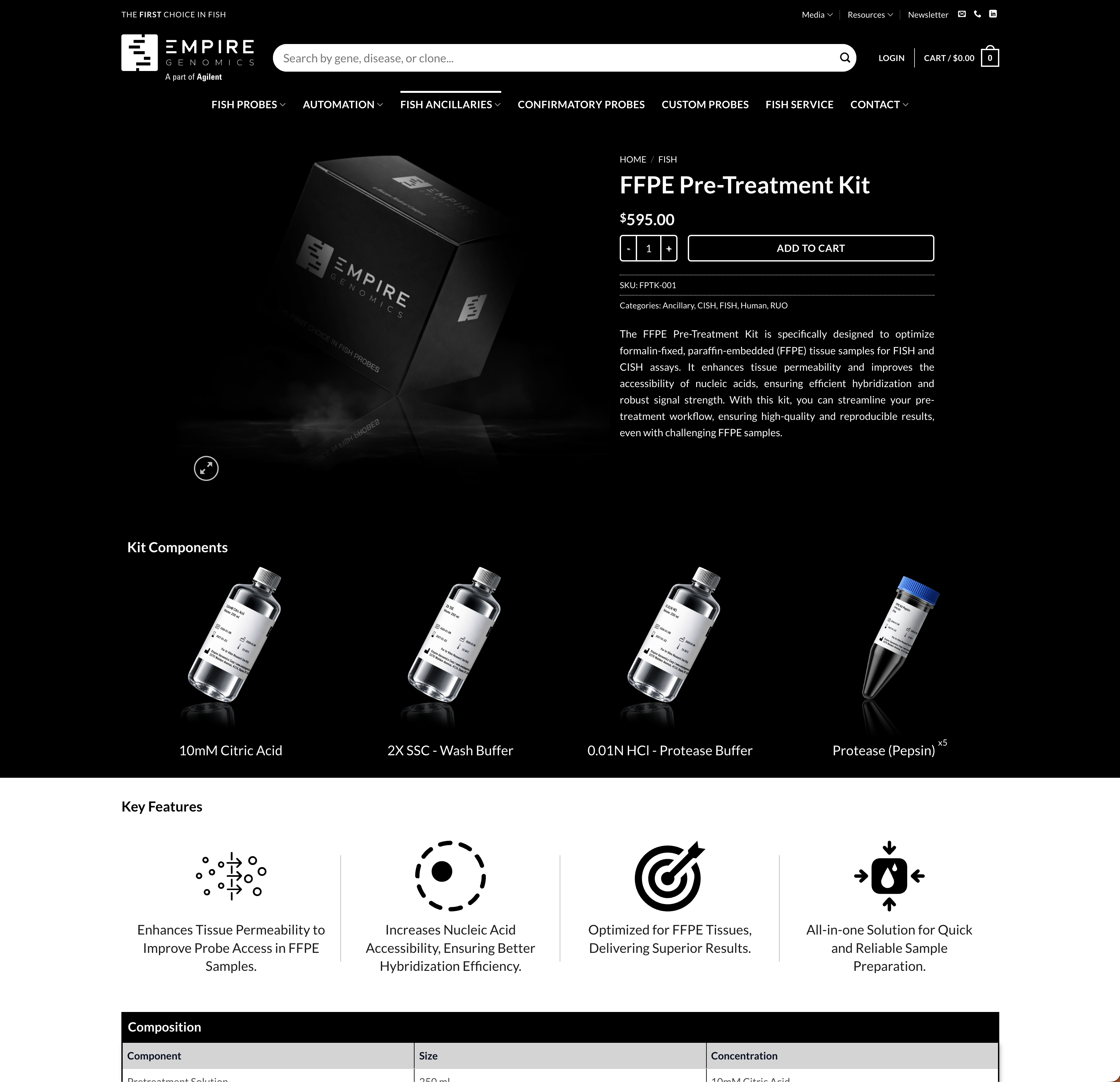Empire Genomics kit product page with component imagery, specifications, and purchasing controls