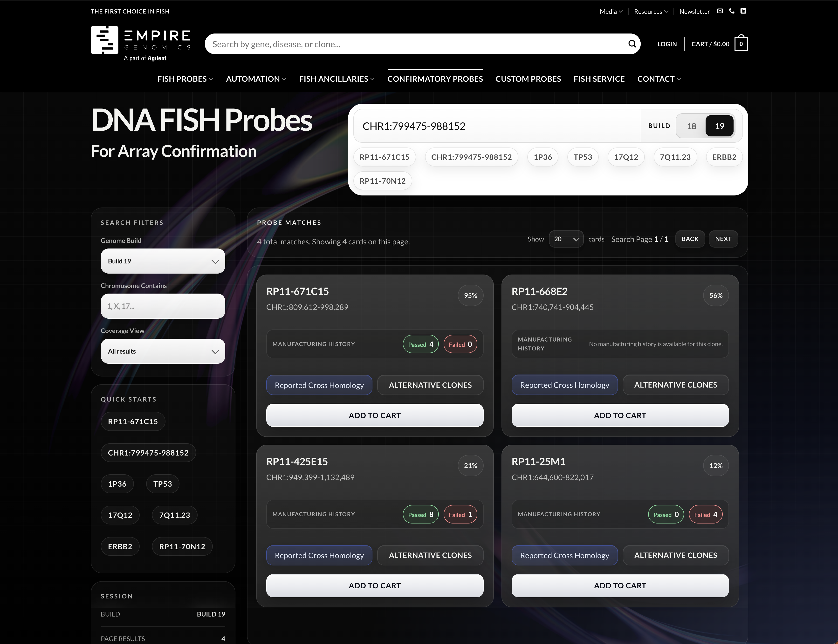 DNA FISH probe search results with genomic filters, coverage matches, and customer-facing production pass/fail counts