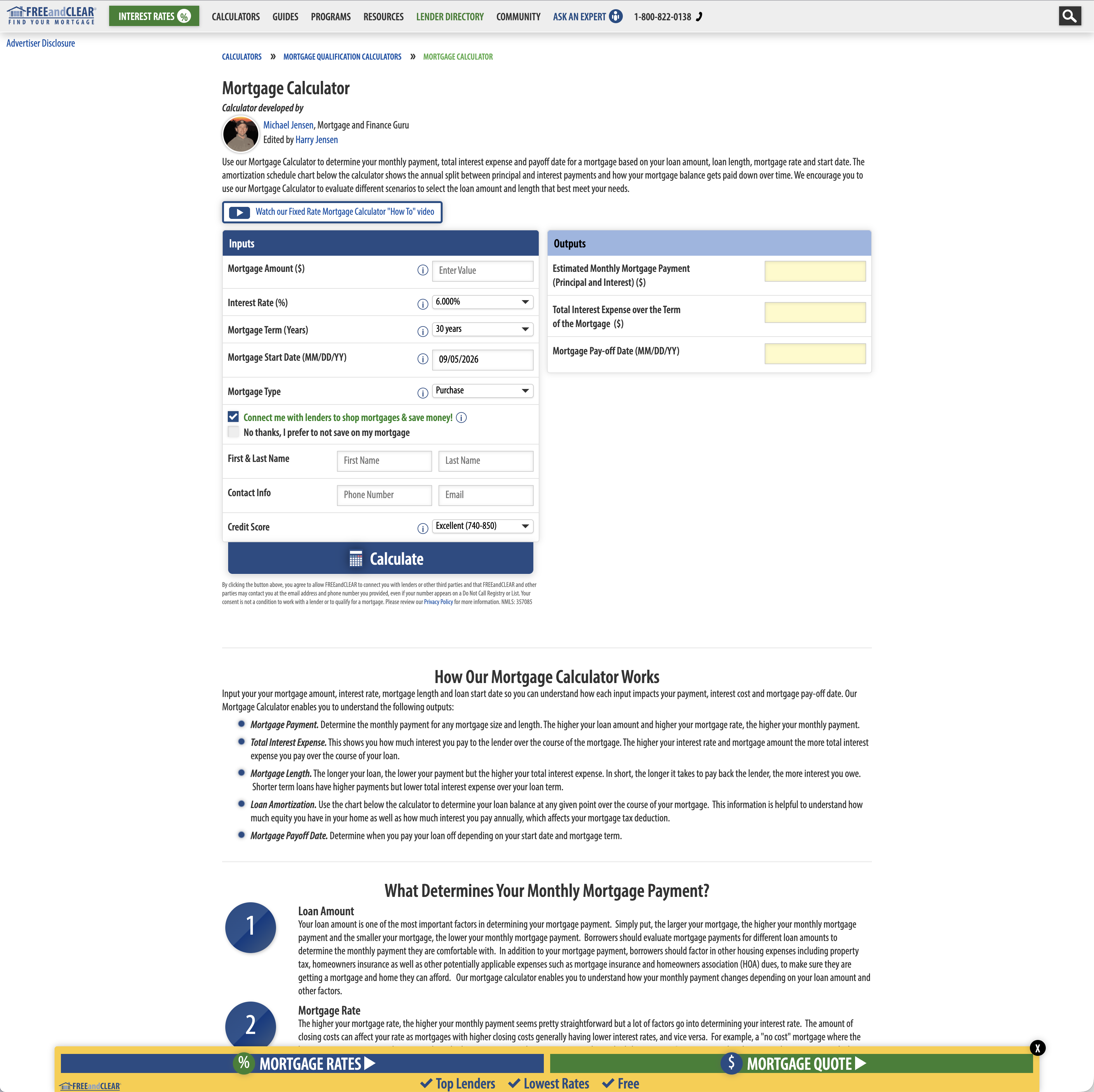 Mortgage calculator interface with input fields, output panel, and supporting explanations