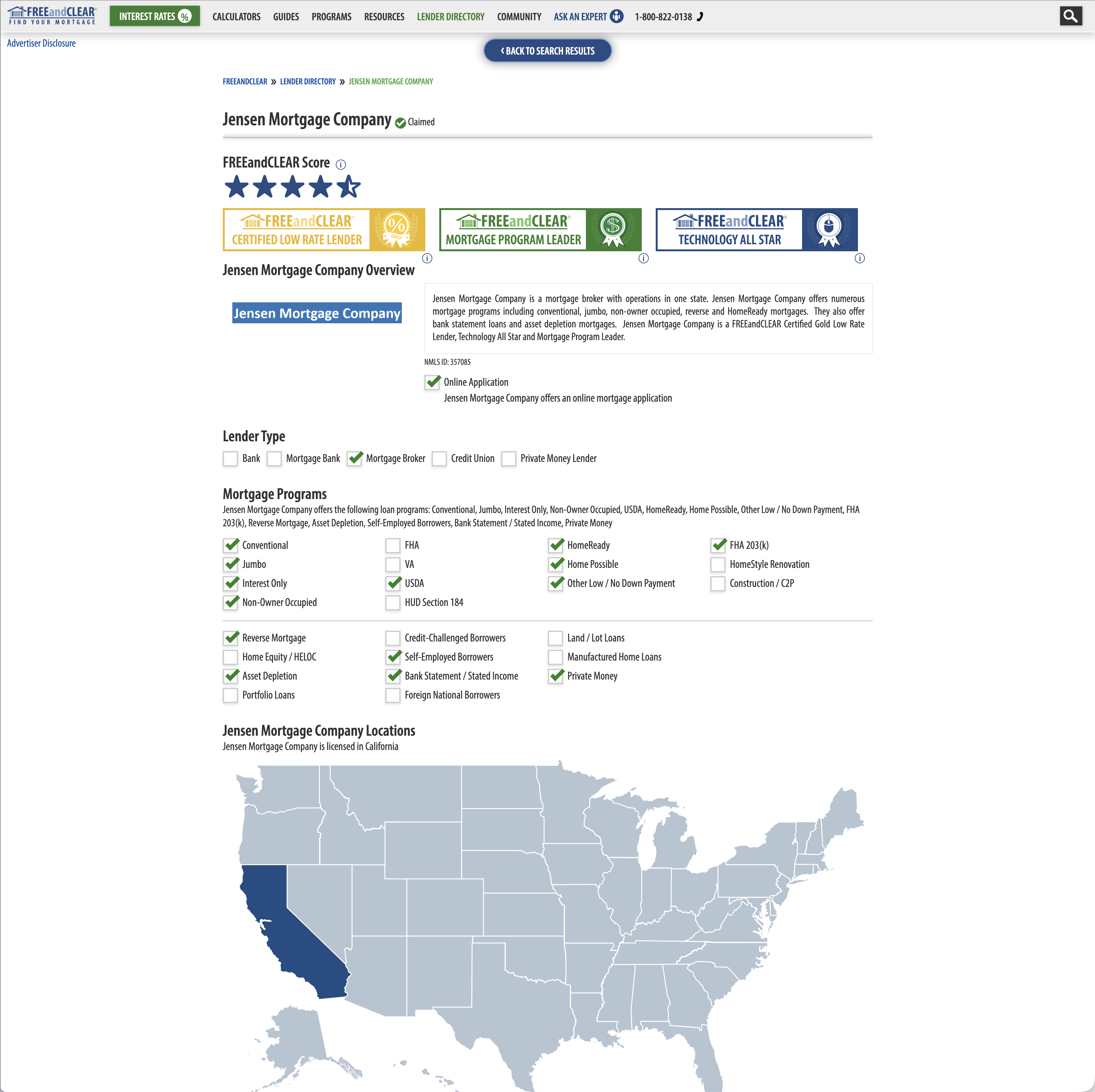 Lender directory profile showing company overview, program information, and geographic coverage