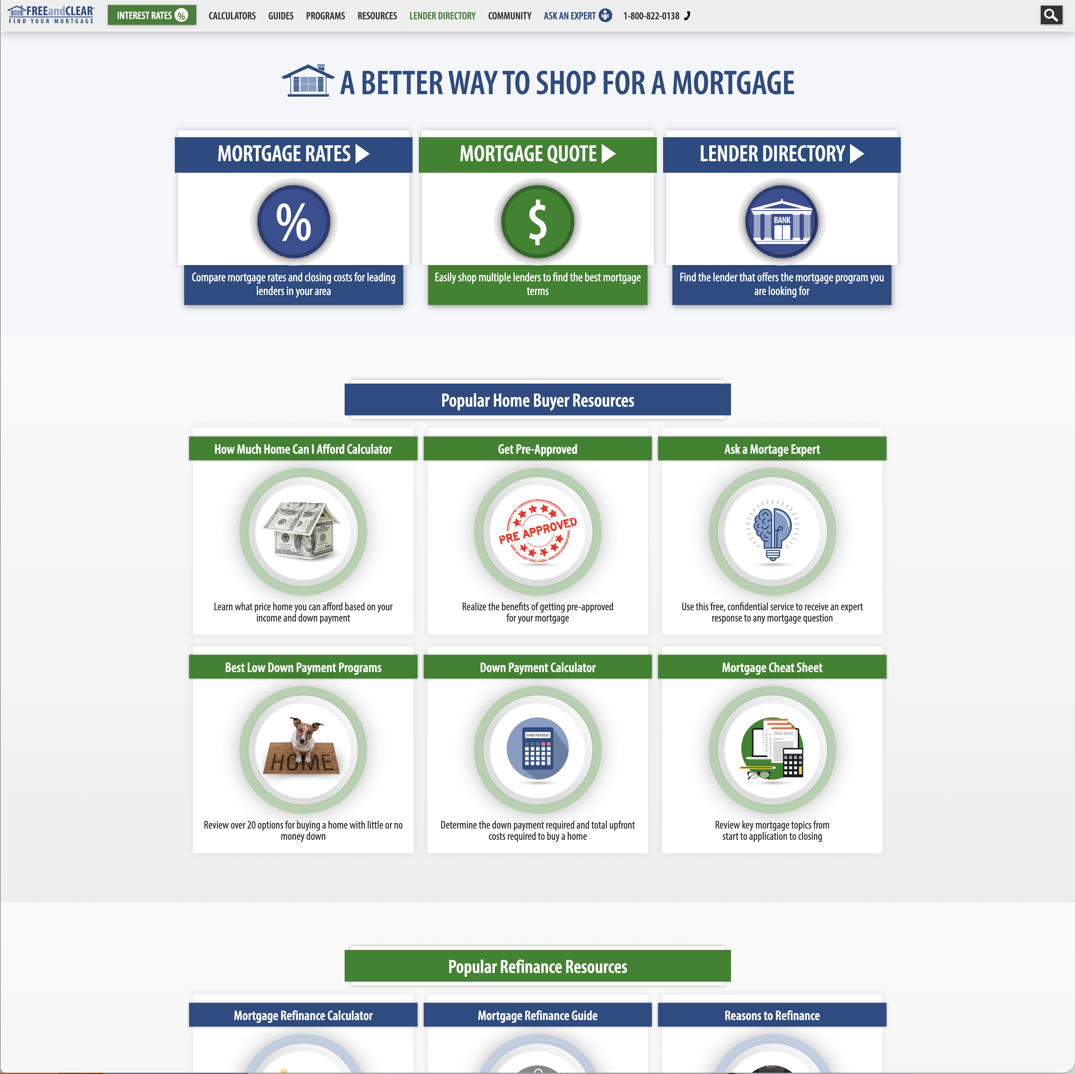 FREEandCLEAR homepage introducing mortgage rates, quotes, lender directory, and home buyer resources