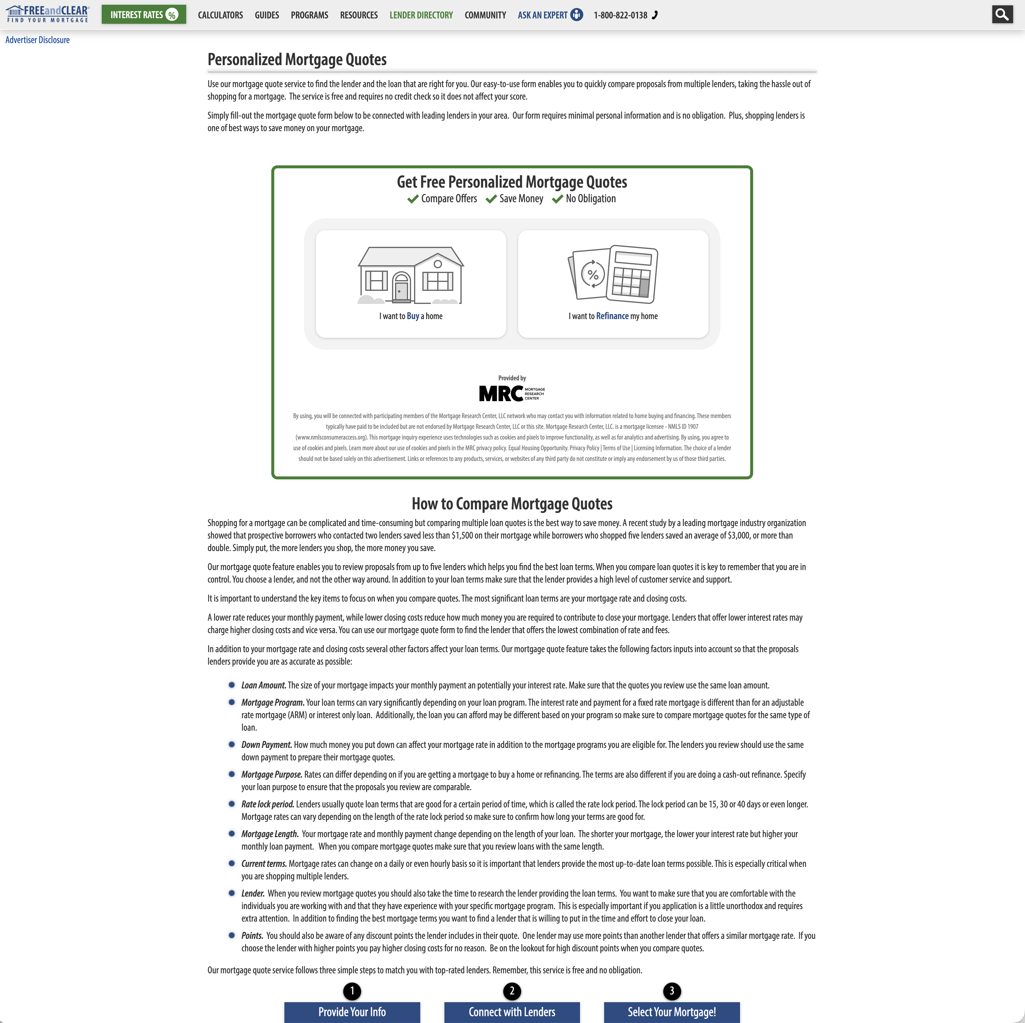Mortgage quote page with purchase and refinance entry points and educational content