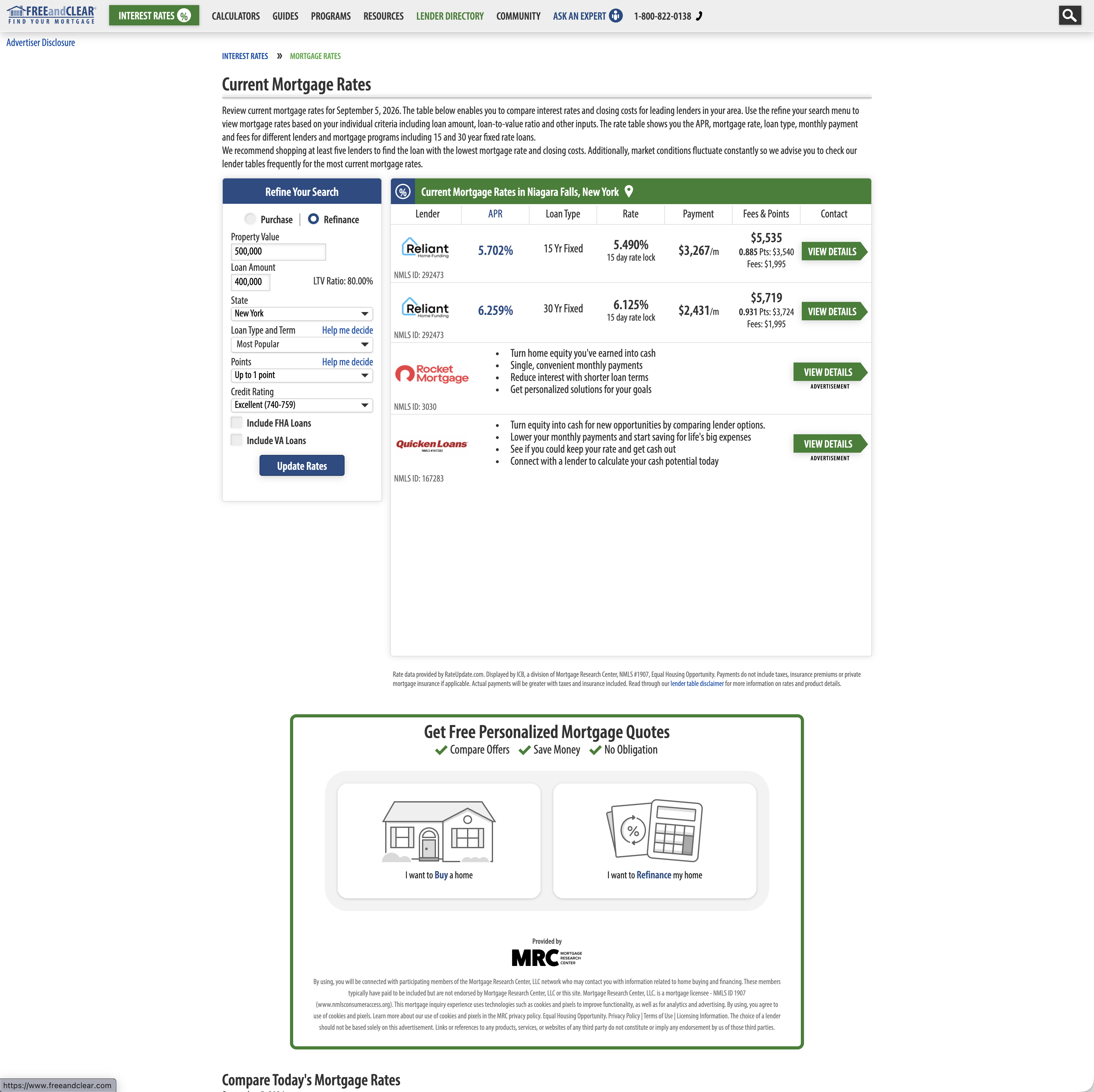 Mortgage rate comparison page with search filters and lender listings