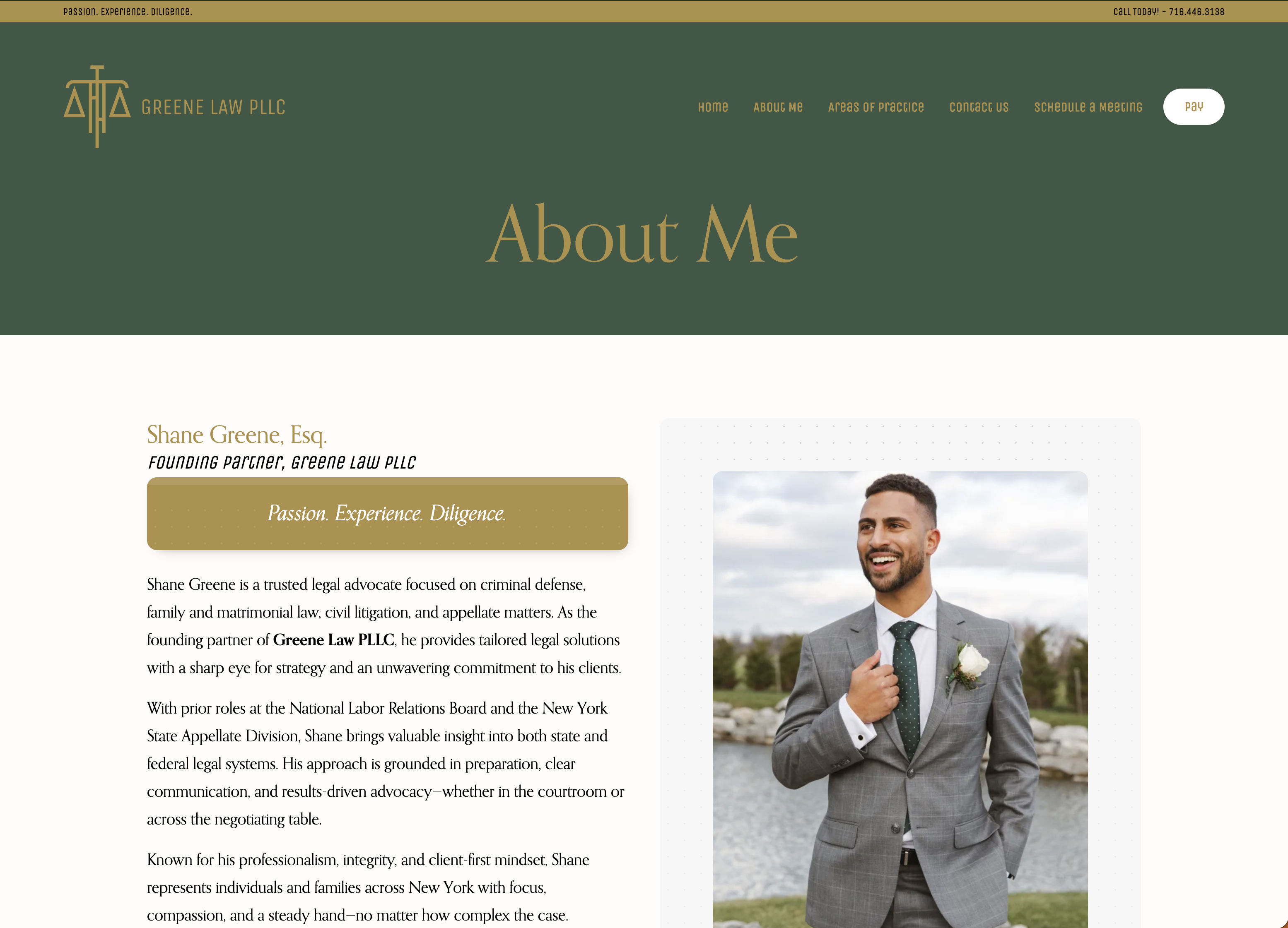 Greene Law attorney biography page with a portrait and introductory text