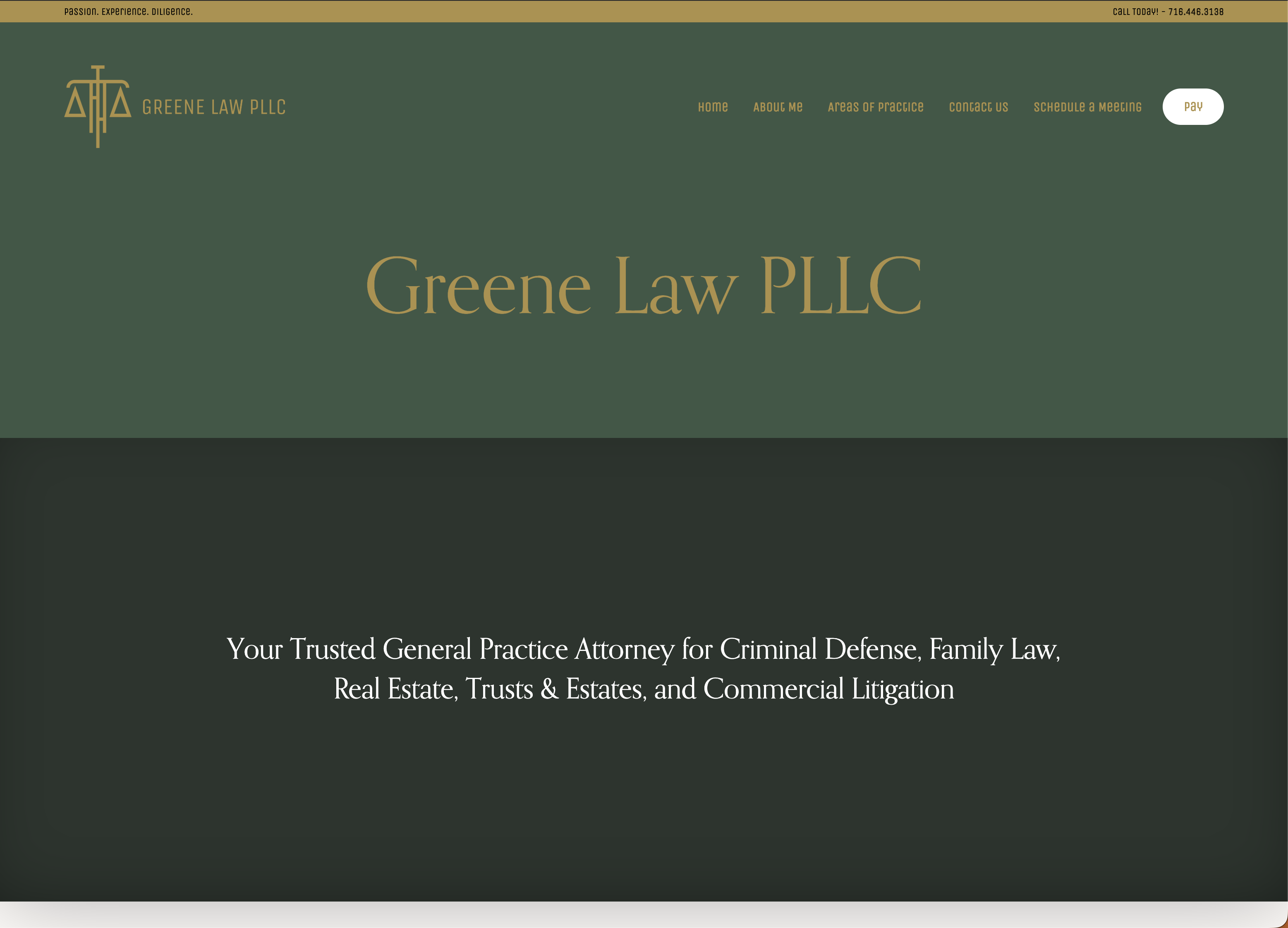 Greene Law homepage introducing the firm and its practice areas
