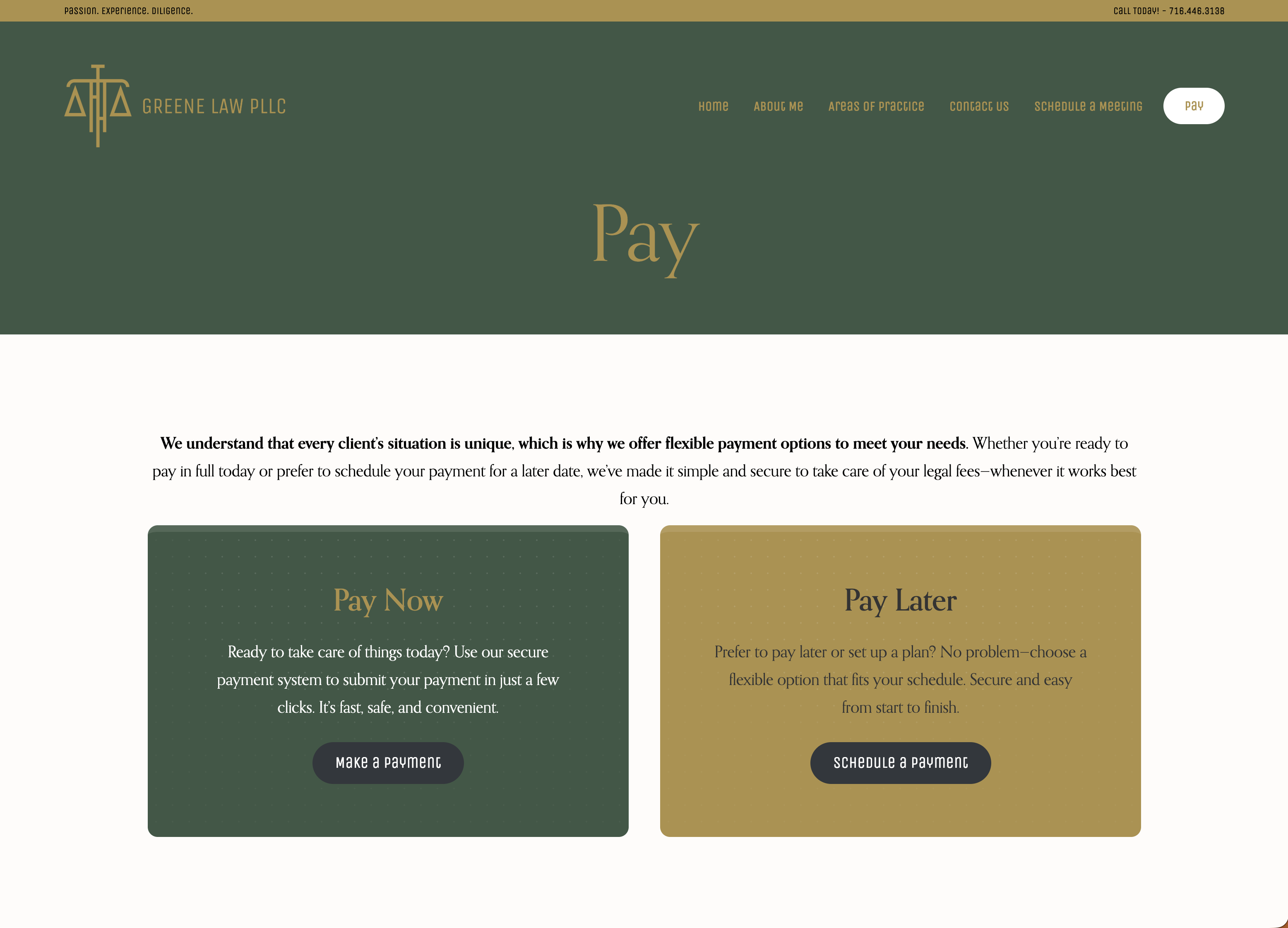 Greene Law payment page presenting immediate and scheduled payment entry points
