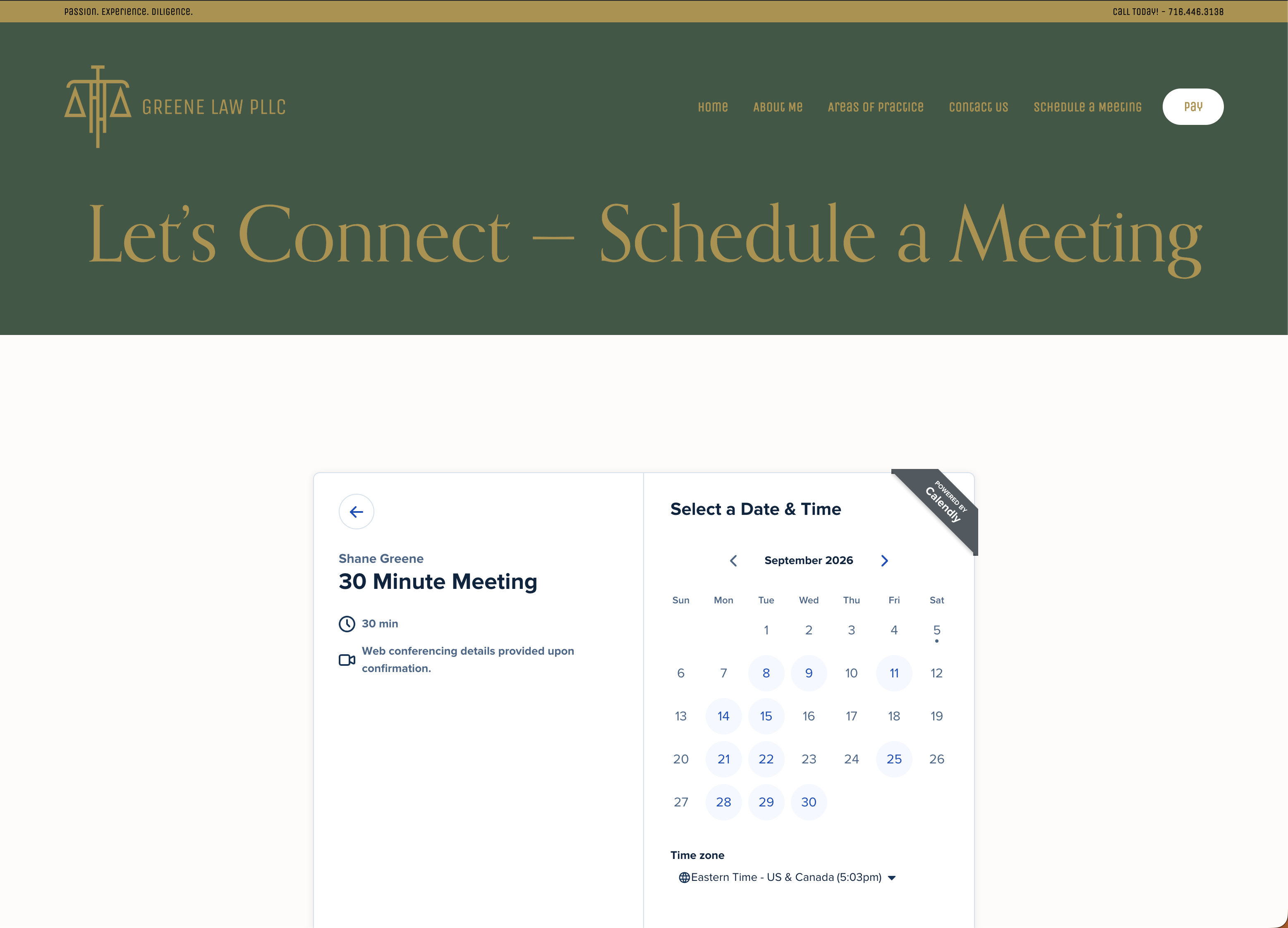 Greene Law meeting page with an embedded Calendly date-selection interface