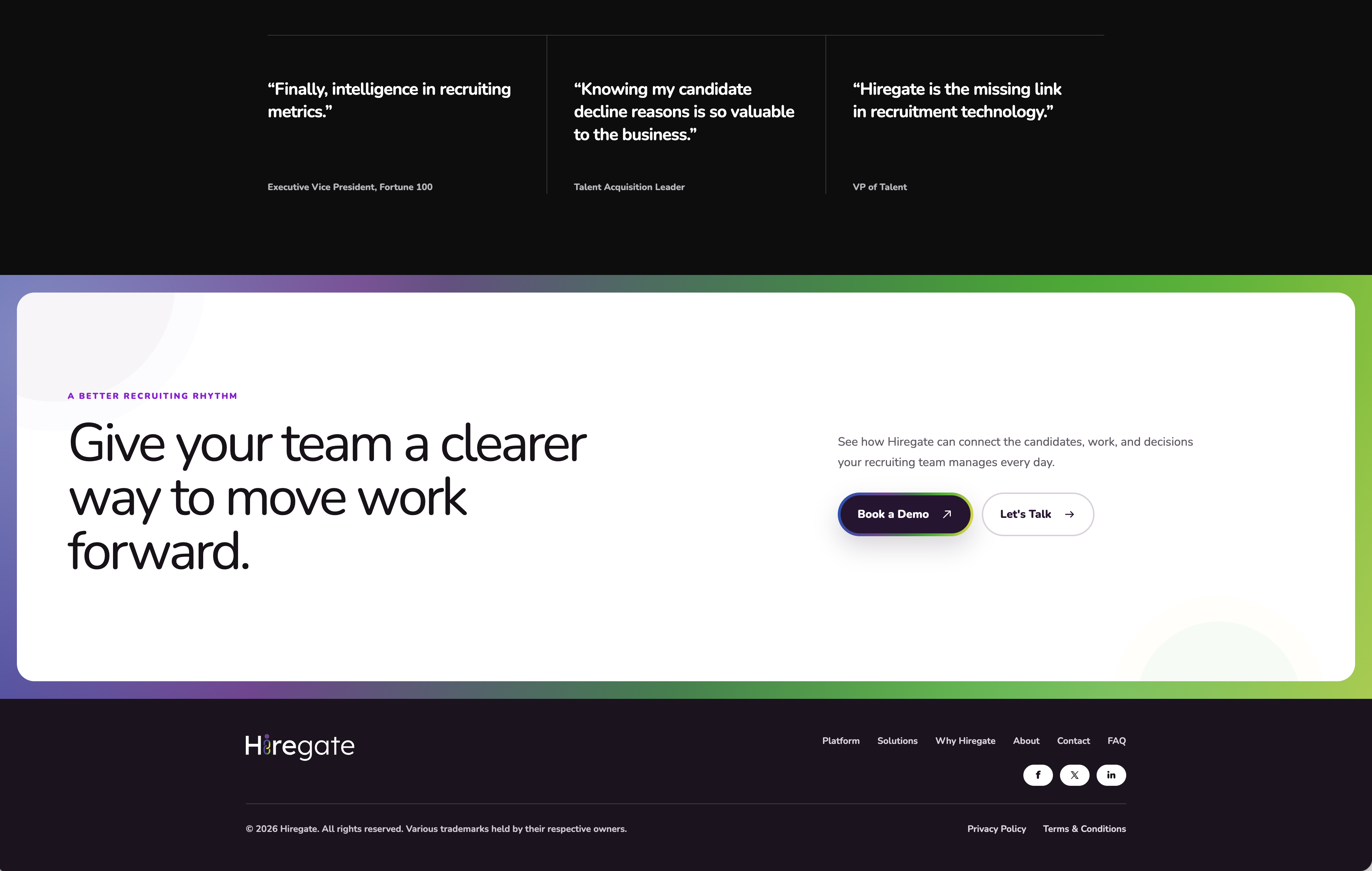 Hiregate closing section with demo and contact calls to action above the footer
