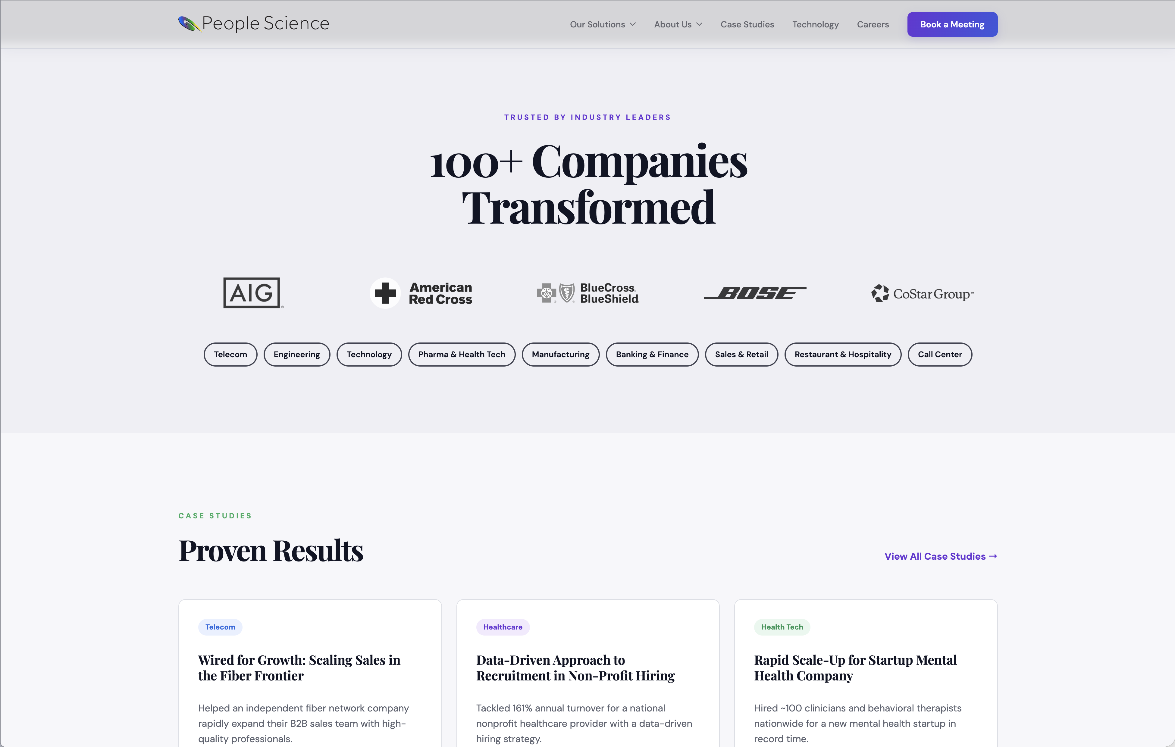 People Science client logos, industry categories, and case-study cards