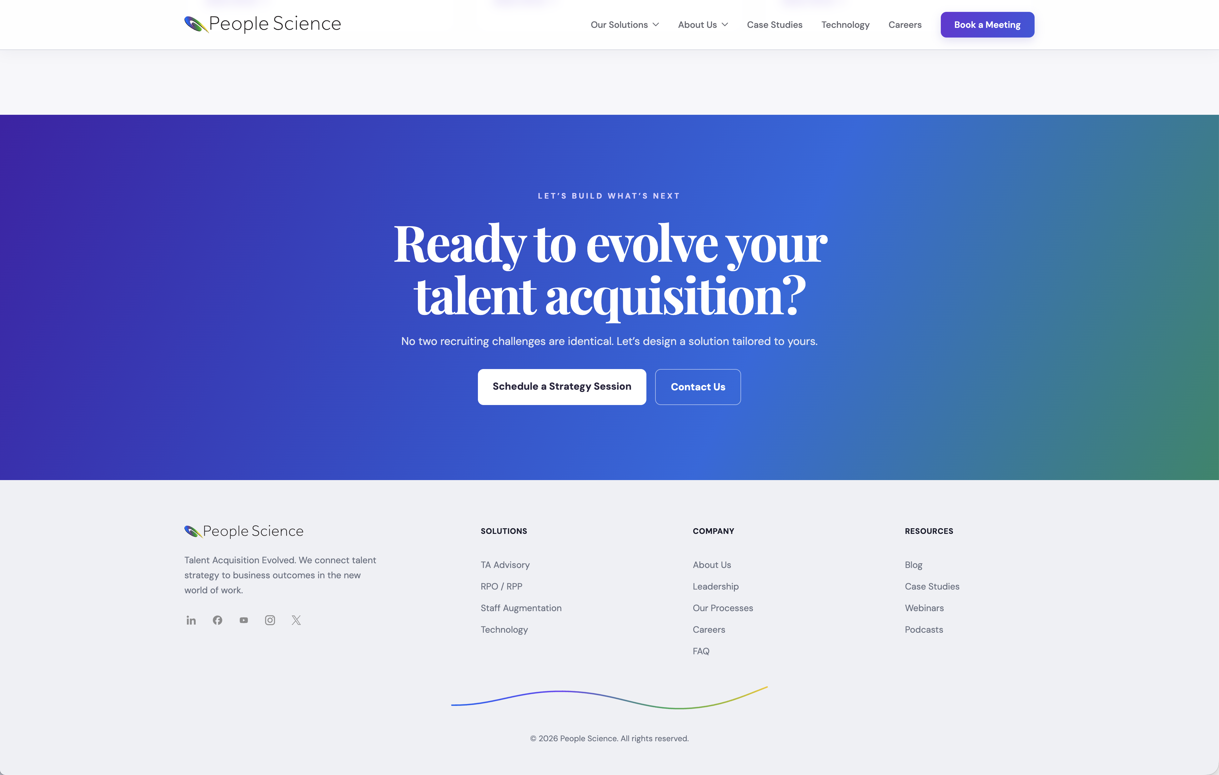 People Science gradient contact section and organized footer navigation