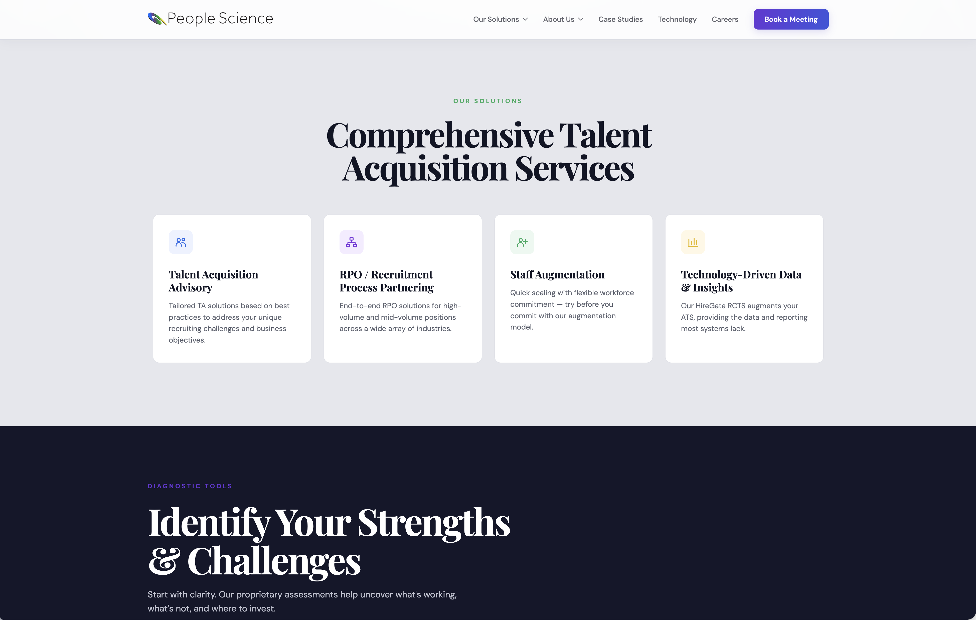 People Science services presented in four cards above a diagnostic tools introduction