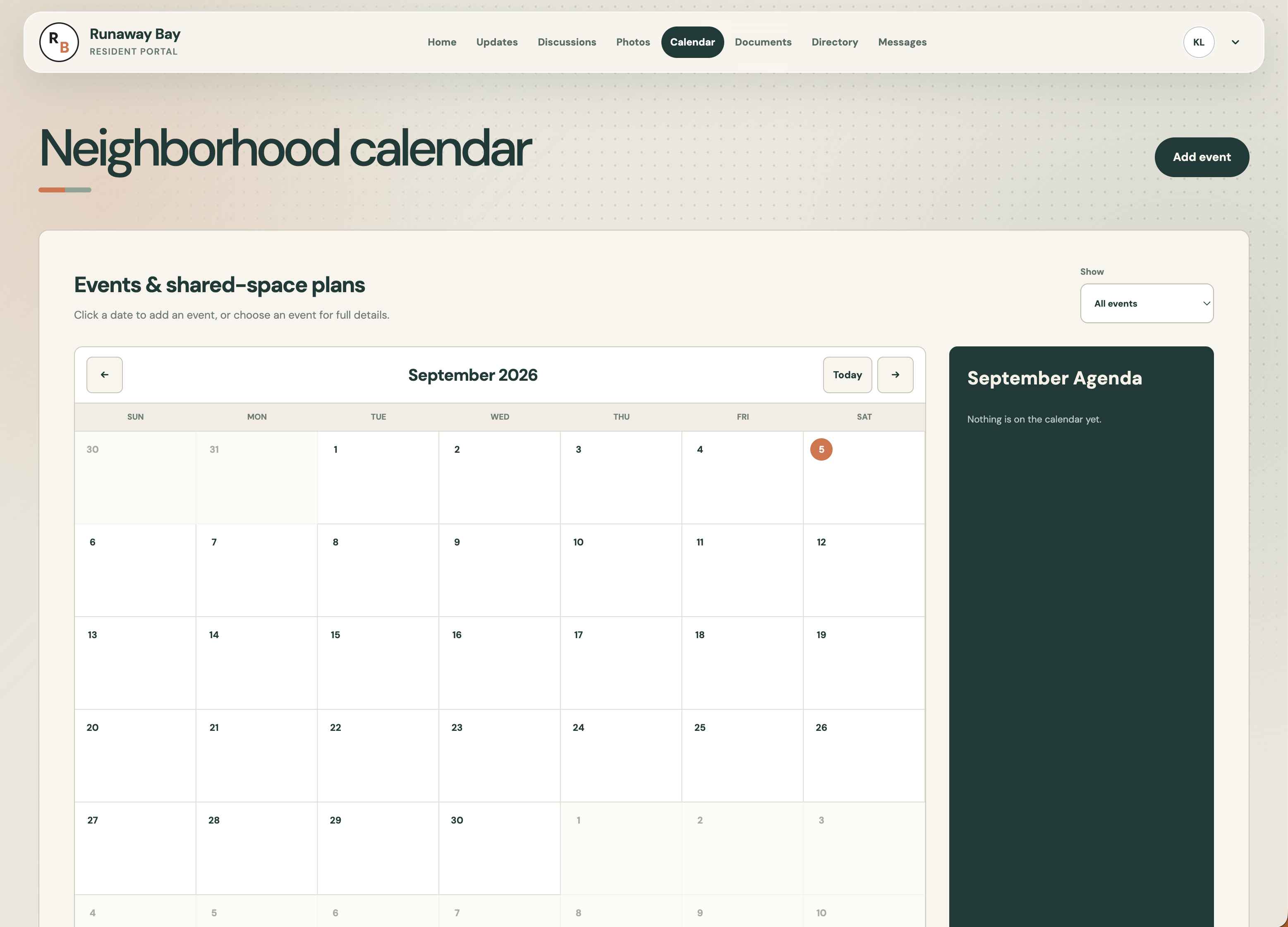 Runaway Bay resident portal showing an empty neighborhood calendar and agenda