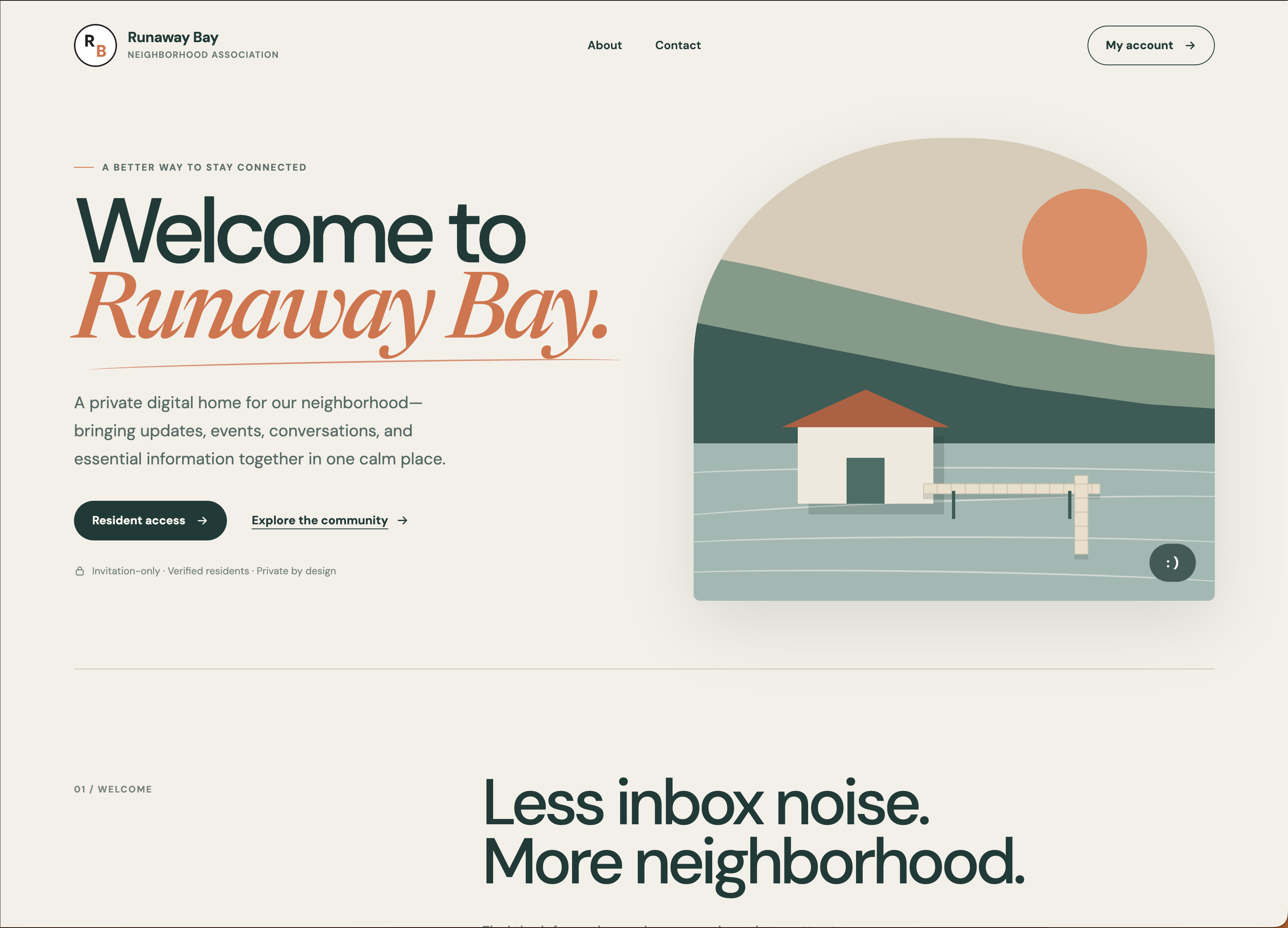 Runaway Bay welcome page with a lakeside illustration and resident access links