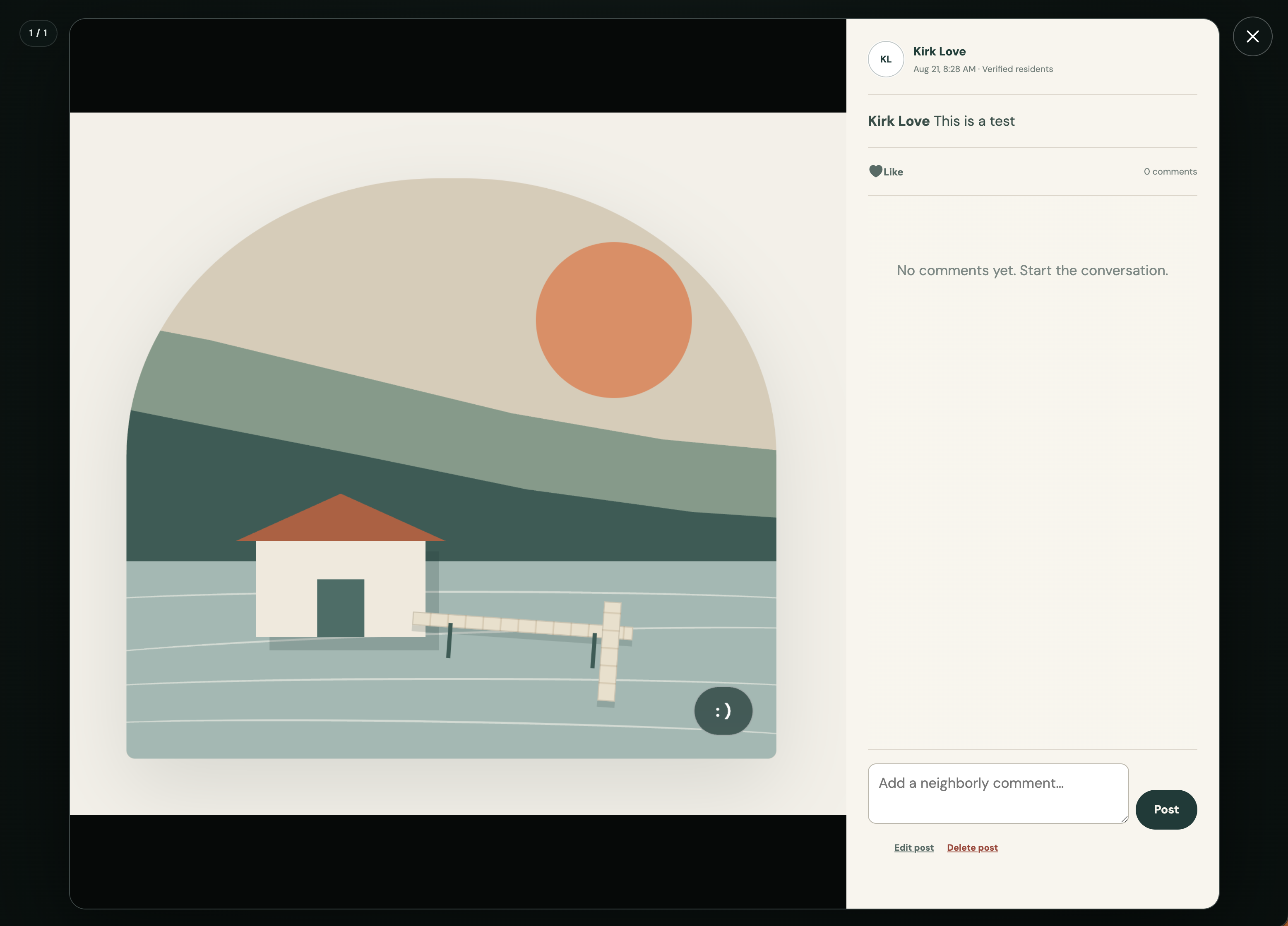 Runaway Bay photo viewer showing the developer’s test post with likes and comment controls