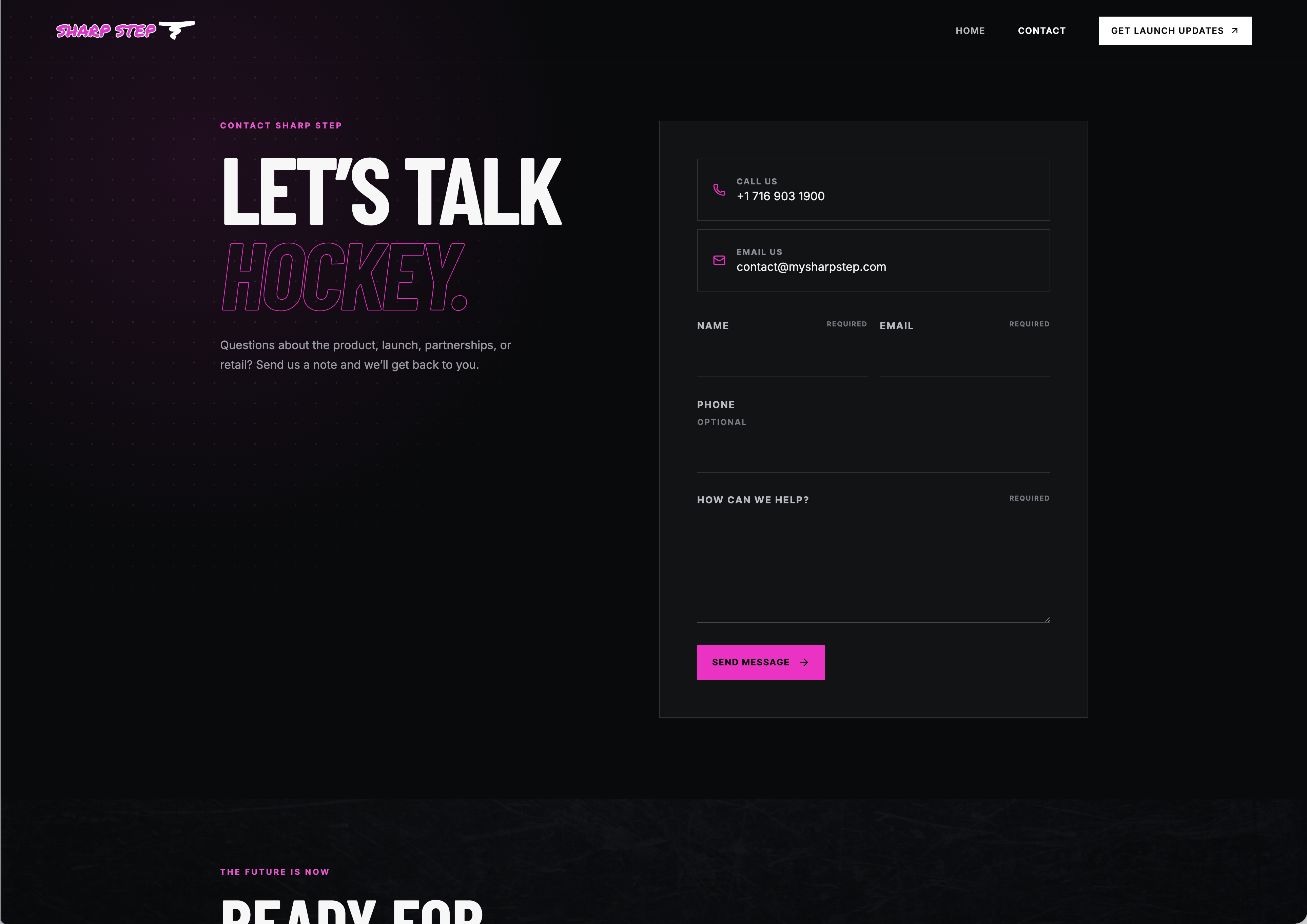 Sharp Step contact page with phone, email, and an empty inquiry form