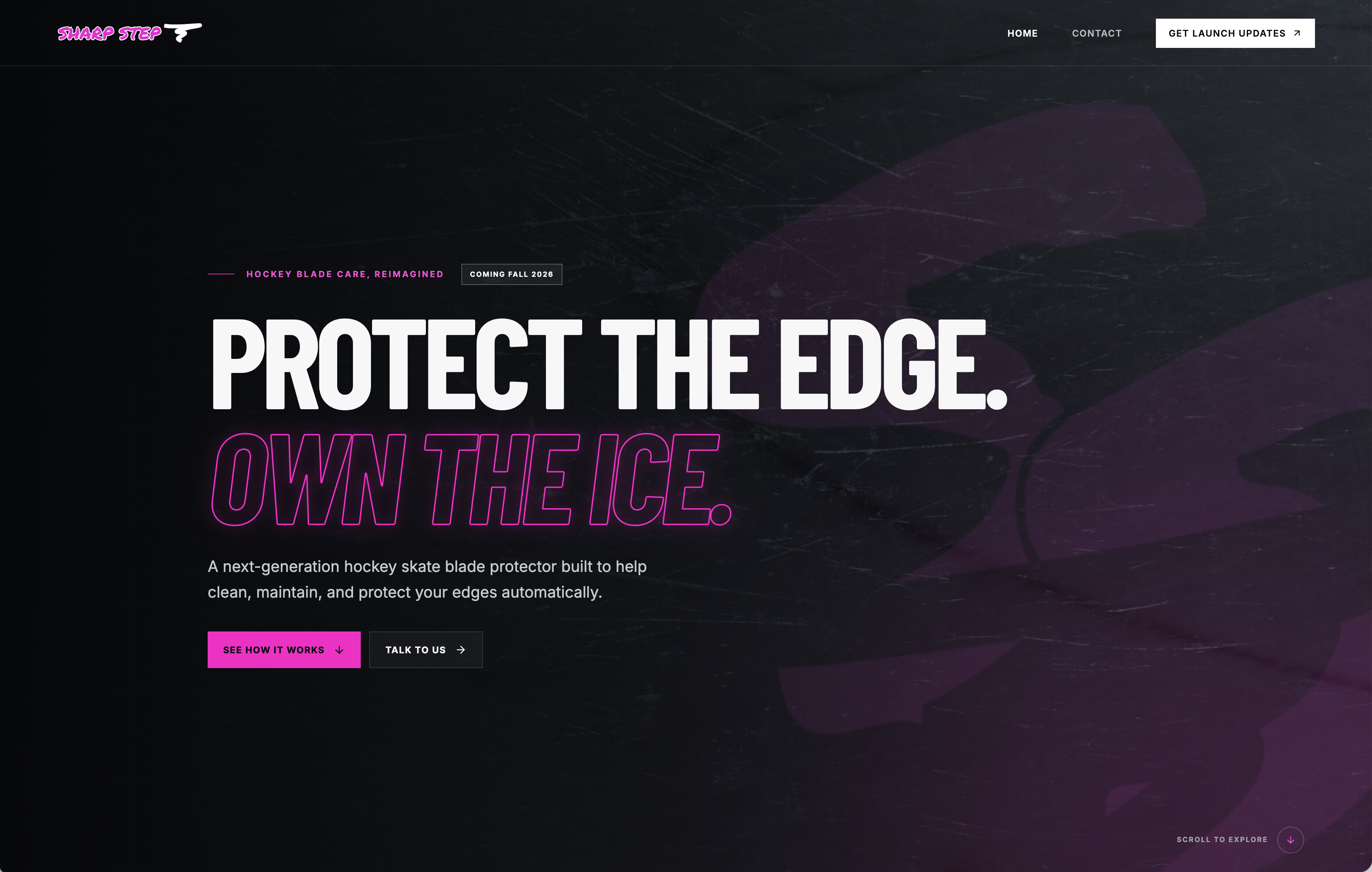 Sharp Step homepage with bold hockey-focused typography and launch-update navigation