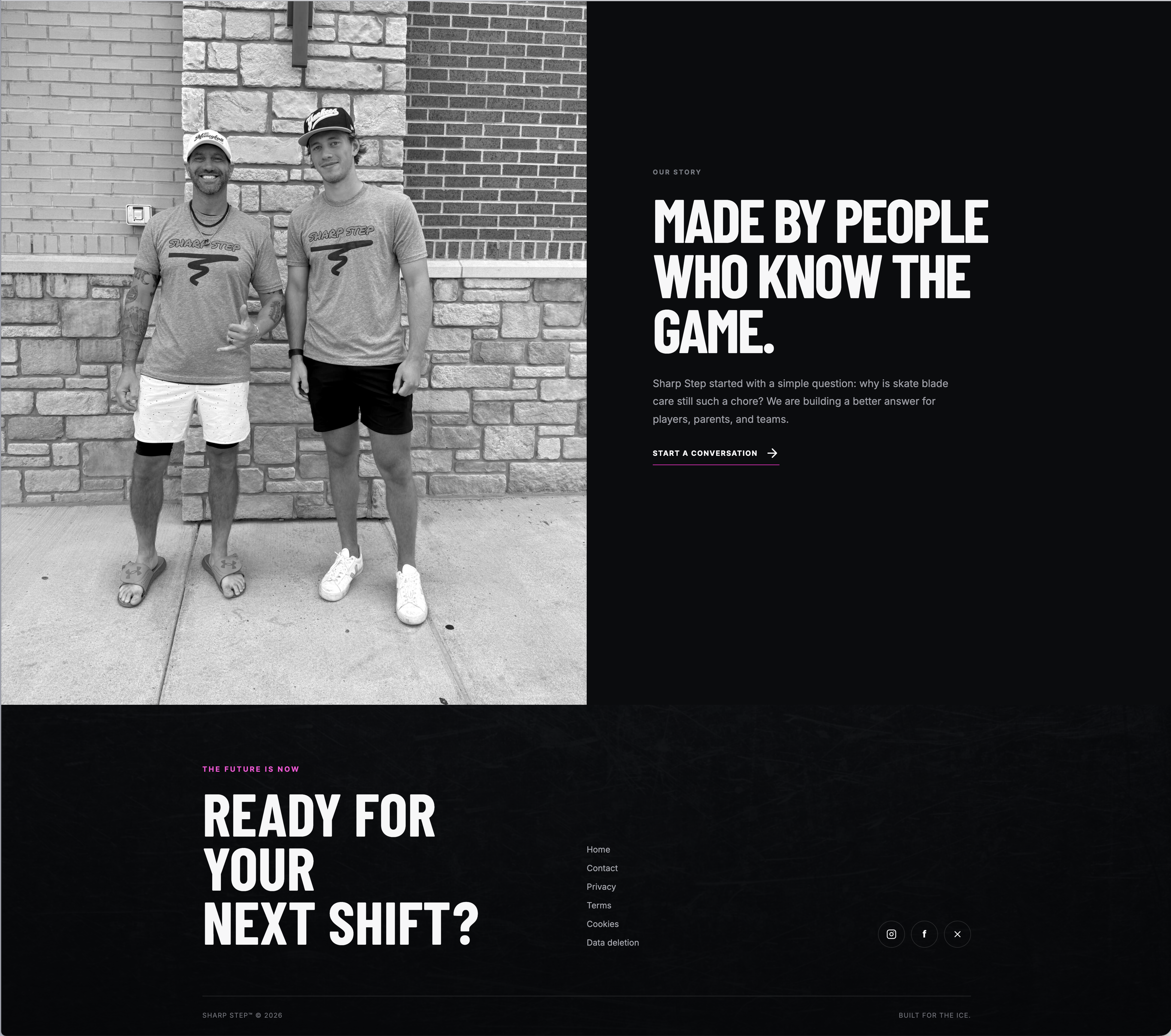 Sharp Step founder story with black-and-white photography and bold typography