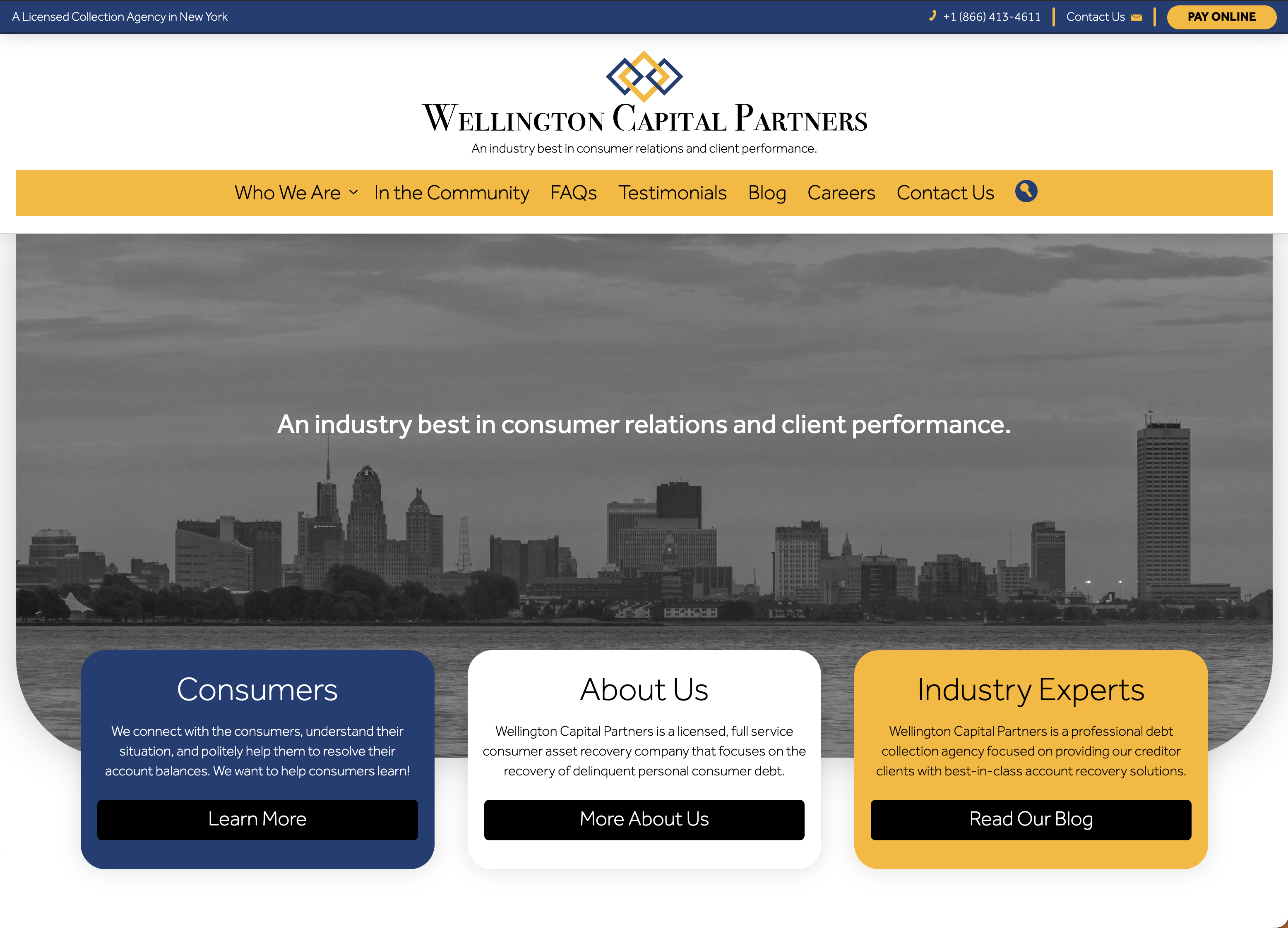 Wellington Capital Partners homepage featuring its logo, Buffalo skyline, and audience entry points