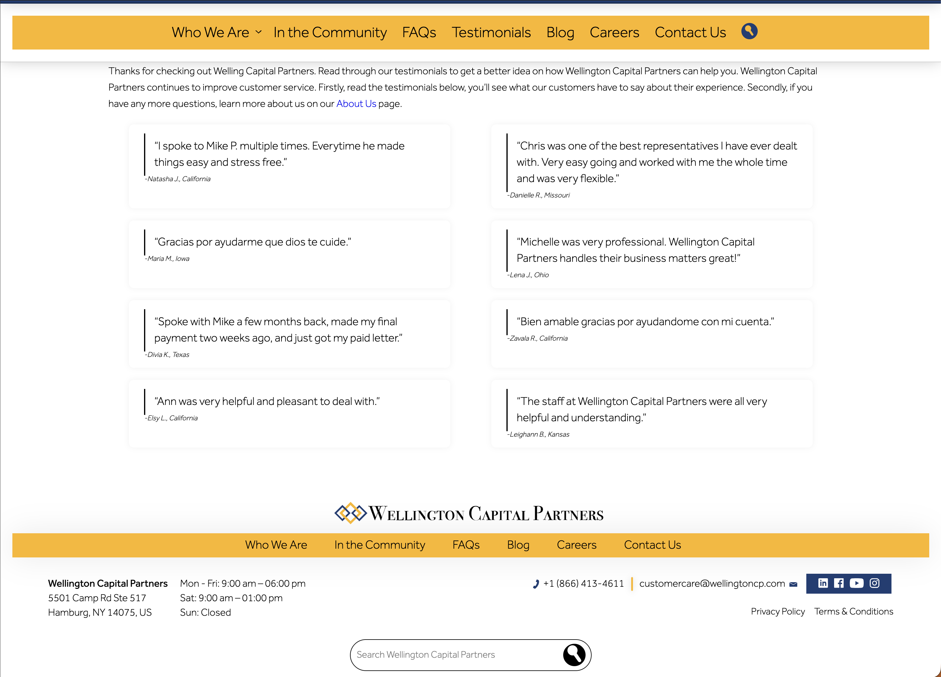 Wellington testimonial page with quote cards and footer contact information