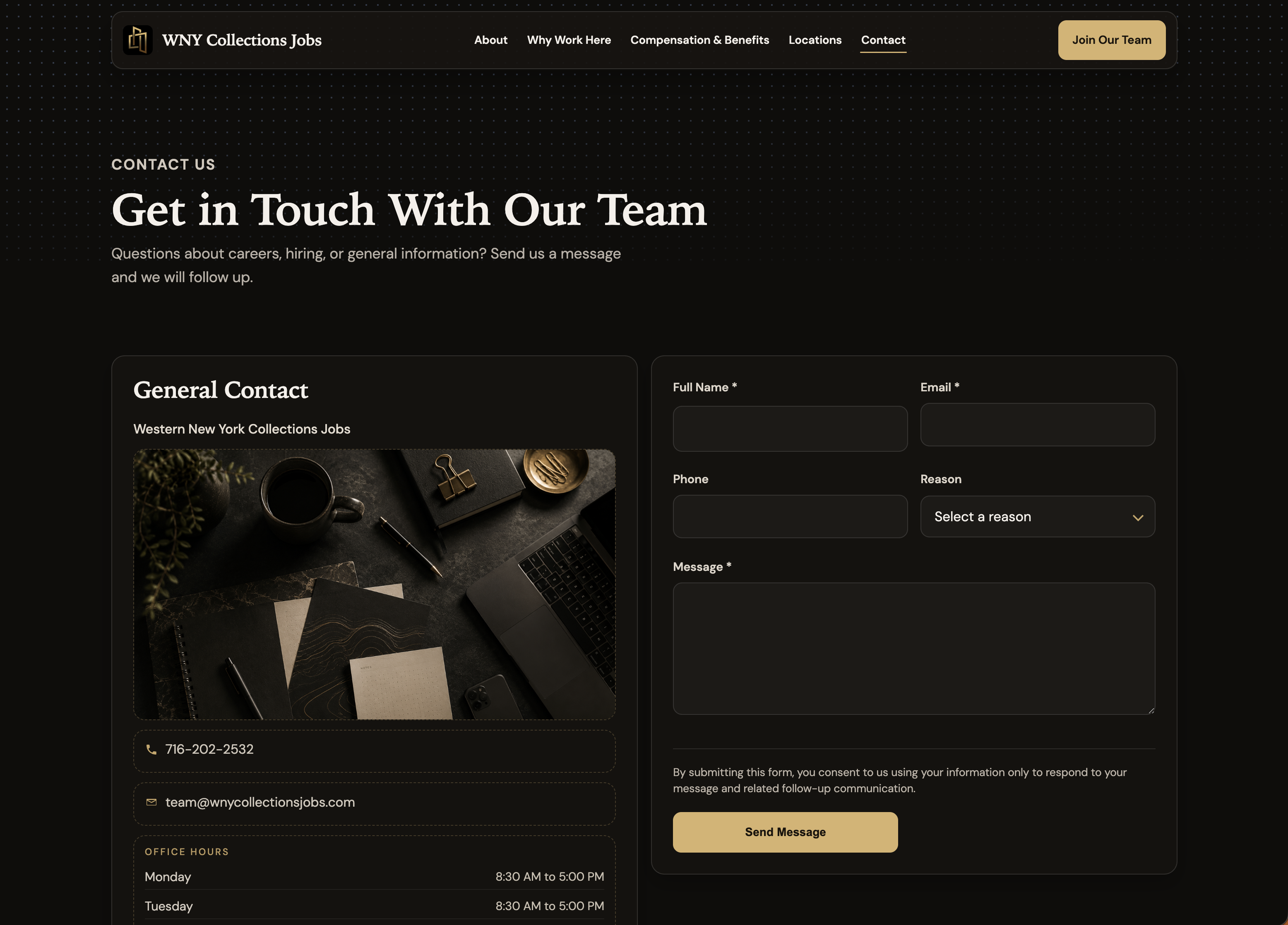 WNY Collections Jobs contact page with business details and an empty inquiry form