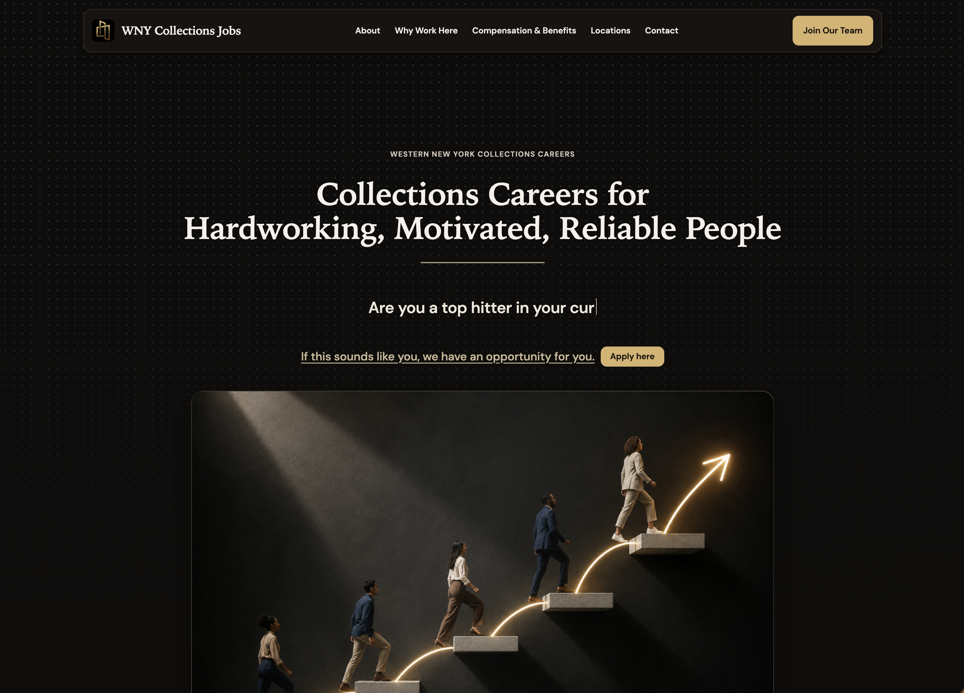 WNY Collections Jobs homepage with careers messaging and a prominent application link